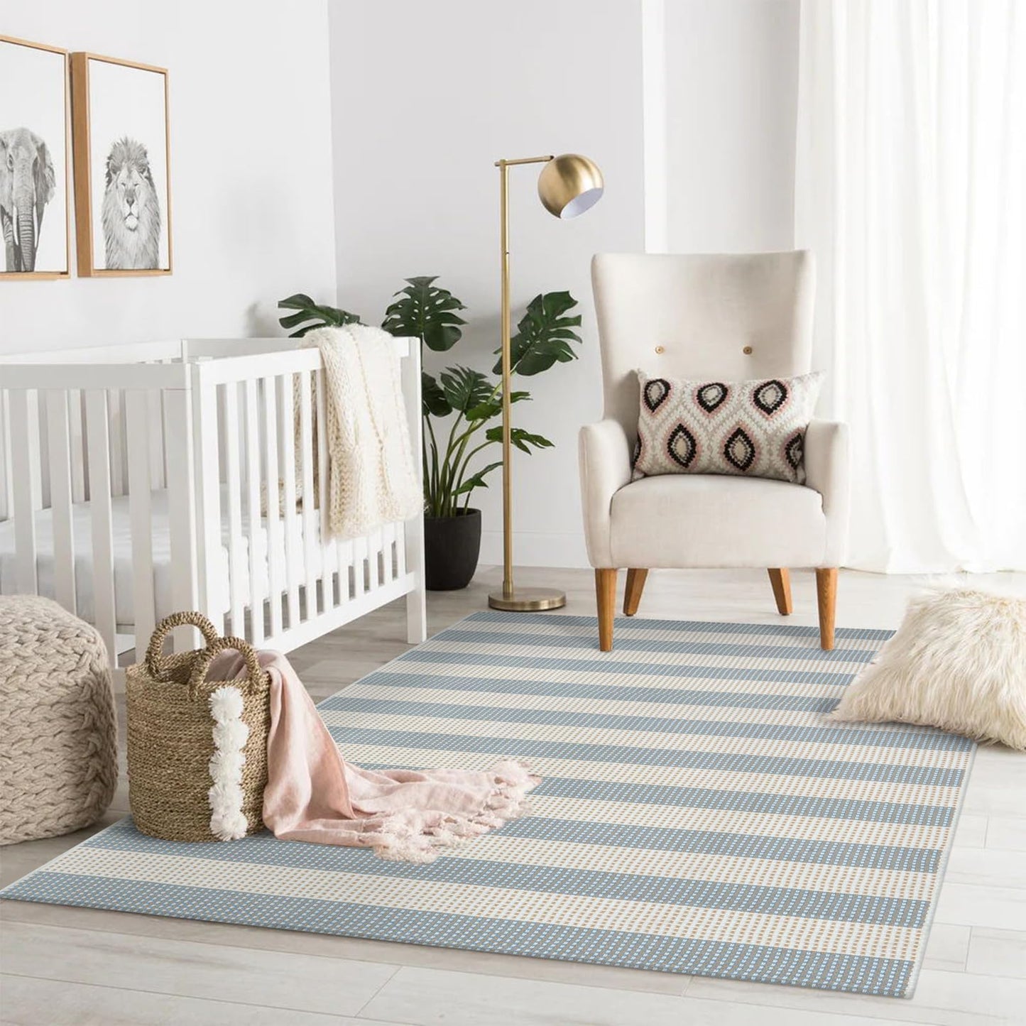 LEEVAN Striped Outdoor Rug 4x6, Washable Front Porch Rug, Spring Plaid Door Mats Outside Entrance, Blue White and Tan Entryway Floor Mat, Buffalo Woven Patio Layered Mat for Entrance/Deck/Camping