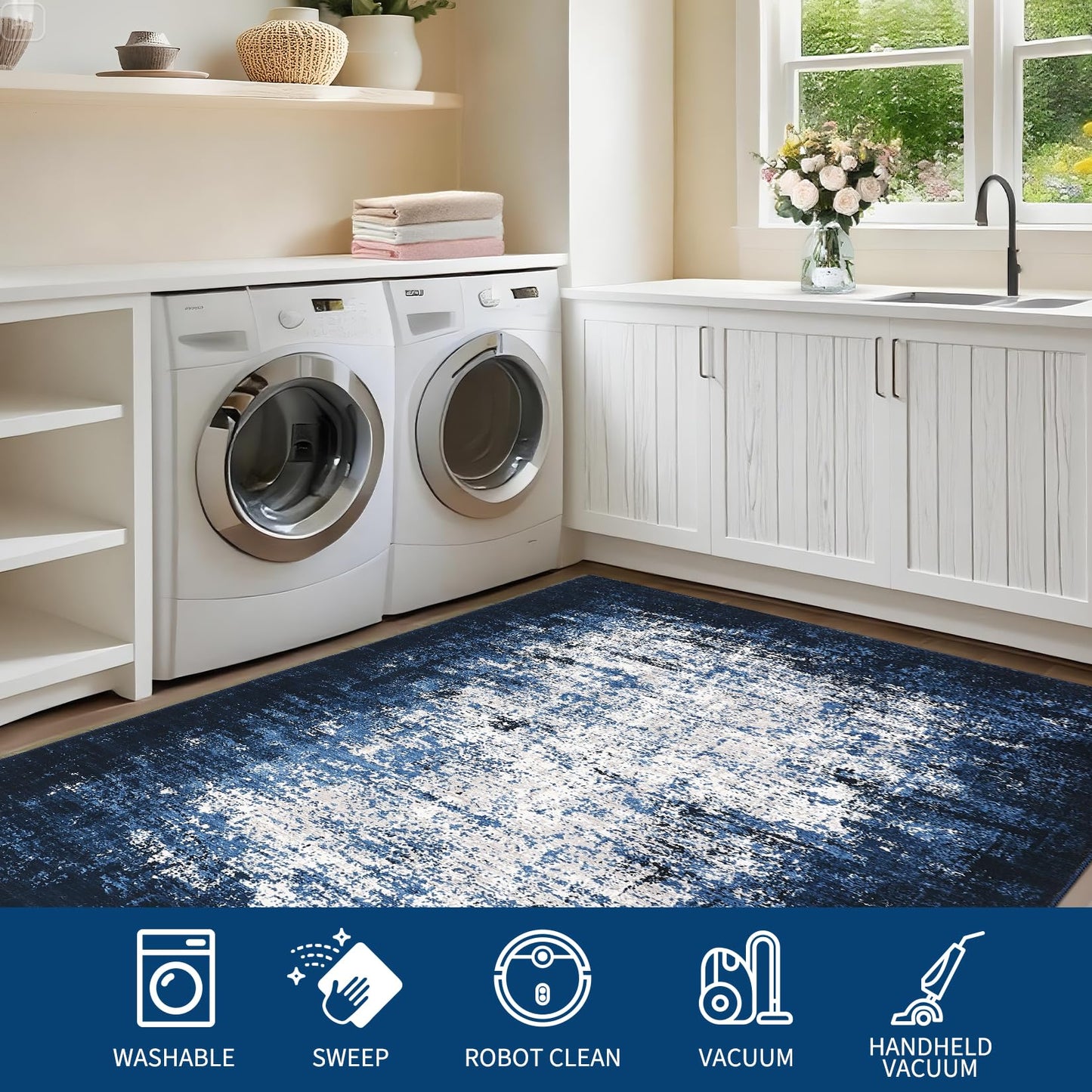 GarveeHome Machine Washable Runner Rugs 2x6 Non-Shedding Abstract Hallway Rug with Non-Slip Backing, Foldable Contemporary Low Pile Floor Cover for Bedroom, Laundry, Blue