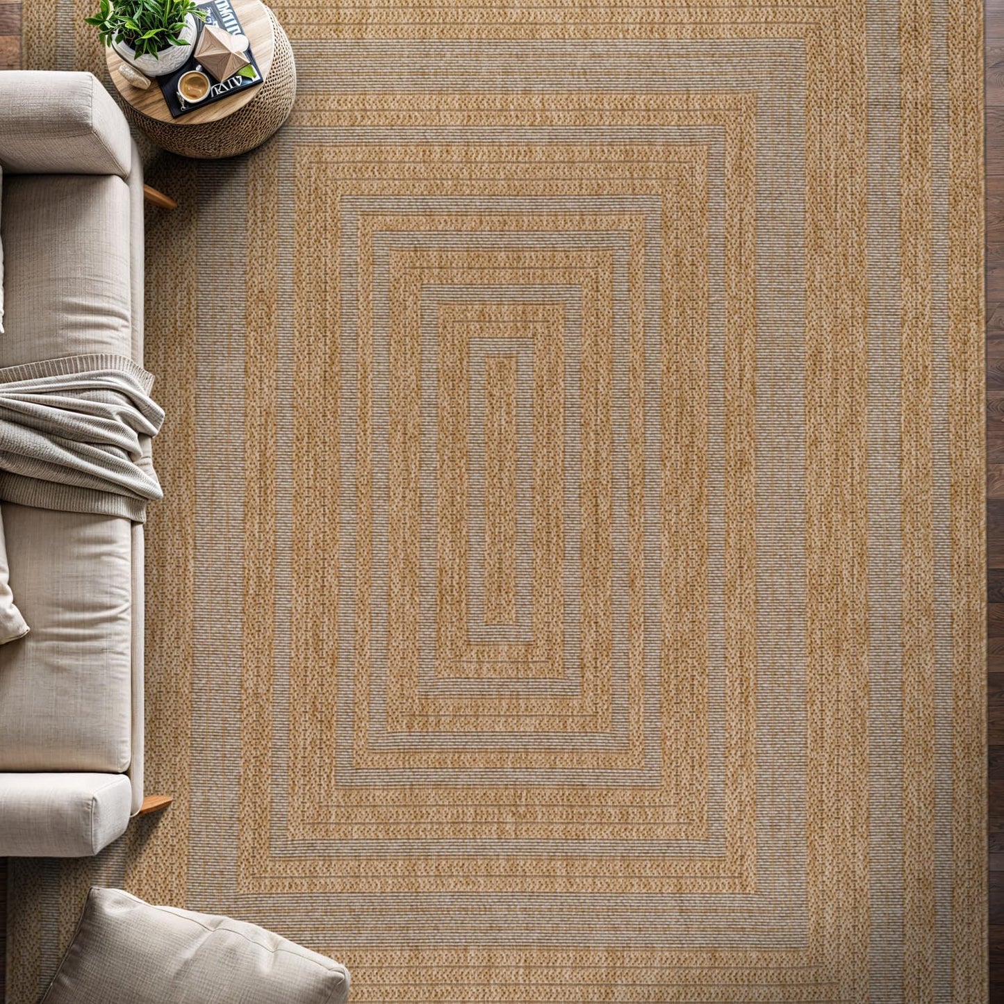 Beverly Rug Easy Jute Framed Border Rug 10x14 Washable Large Indoor Outdoor Area Rugs for Living Dining Room Patio Office Stain Resistant Non Shedding Casual Indoor Outside Carpet 10 x 14 Natural