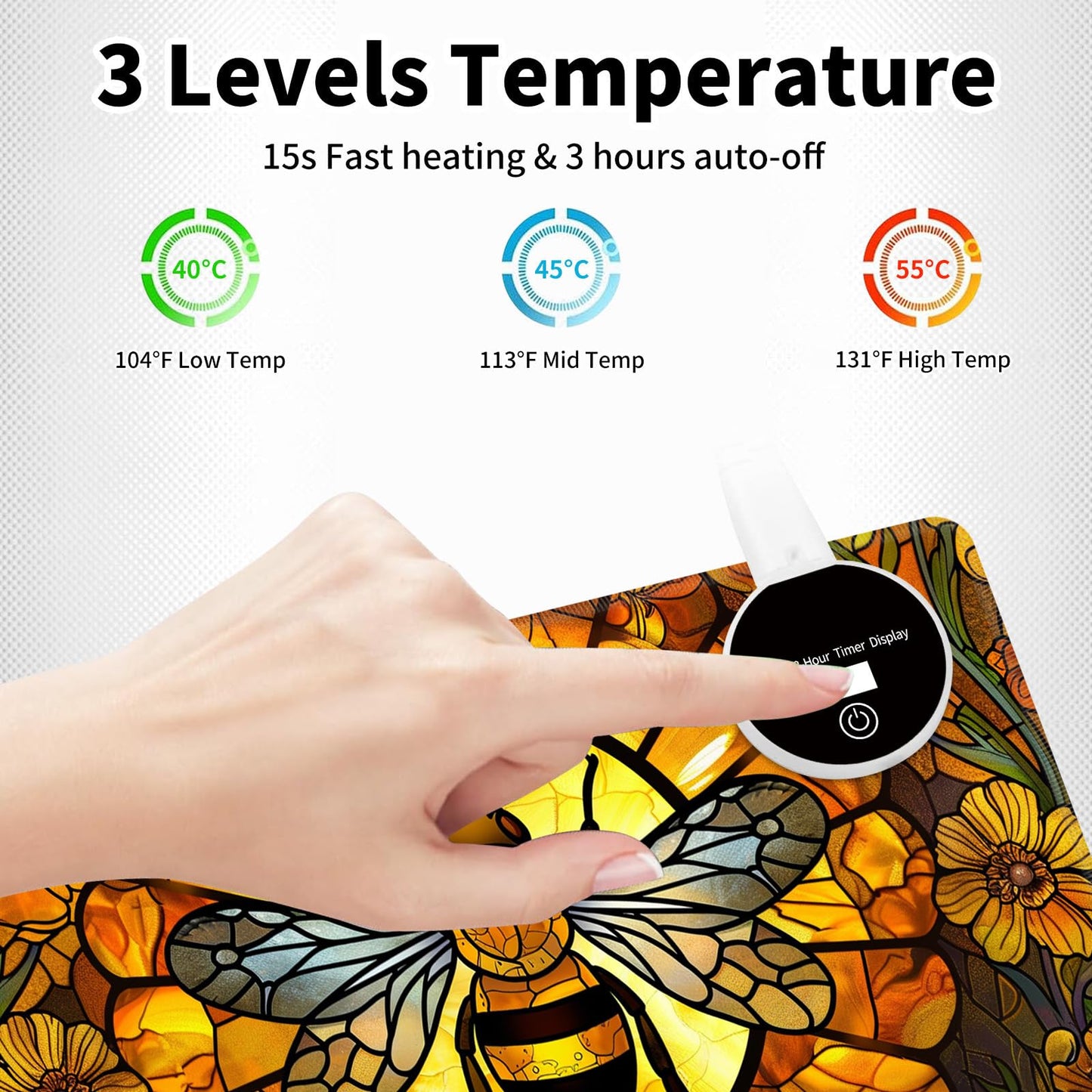BREIDMKFM Warm Desk Pad,Heated Desk Pad Mouse Mat Gaming,with 3 Heating Levels & 3 Hours Auto Shut-Off,Leather 31.5" x 13" Foot Warmer Keyboard Office Mat,Cute Bee Floral