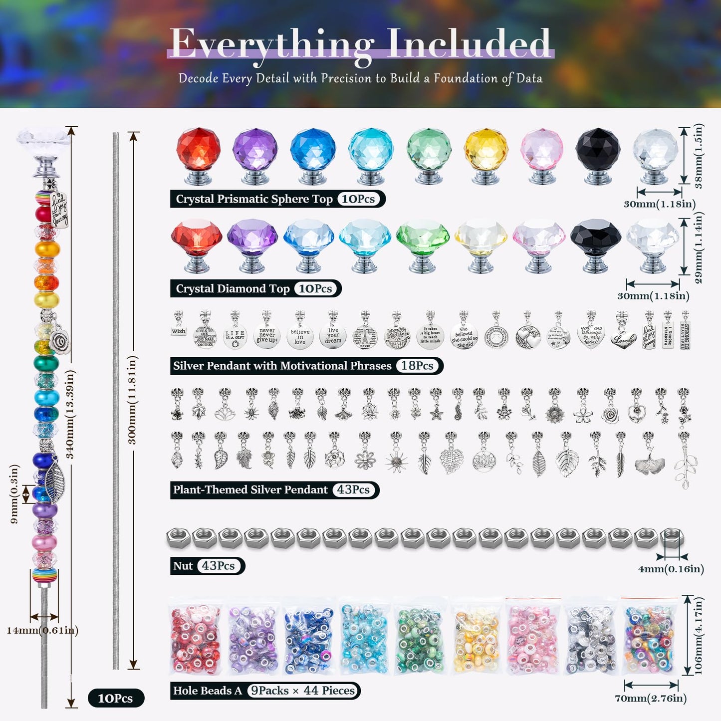513Pcs DIY Beaded Garden Stakes, Fairy Wand Kit Garden Stakes Decorative with 18 Threaded Rod, Crystal Top, Large Holes Bead for Christmas Plants Garden Outdoor&Indoor Decorative（12IN）