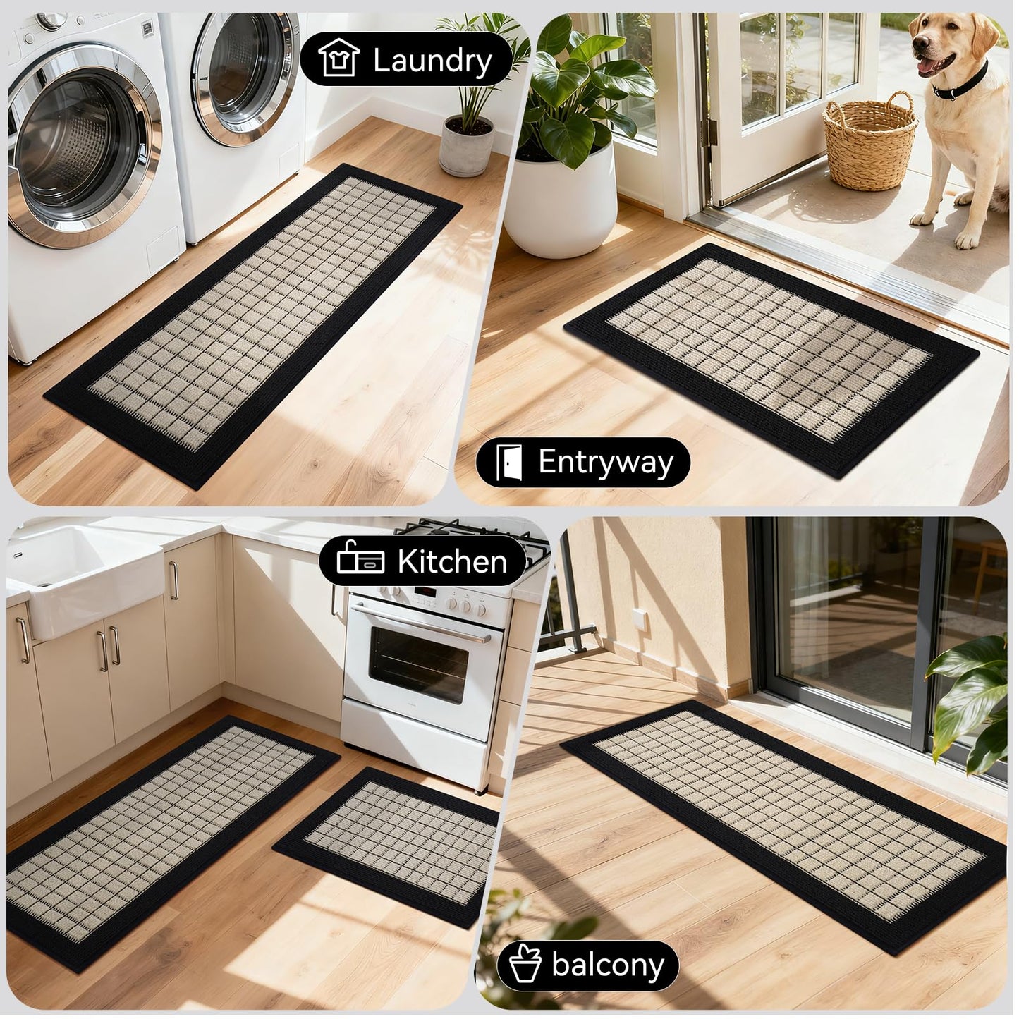 QiCaiJia Kitchen Mats for Floor 17"x30", Non-Slip Washable Kitchen Rugs, Absorbent and Stain Resistant Kitchen Rug, Durable Comfortable Rugs for Kitchen, Hallway, Laundry & Sink, Black