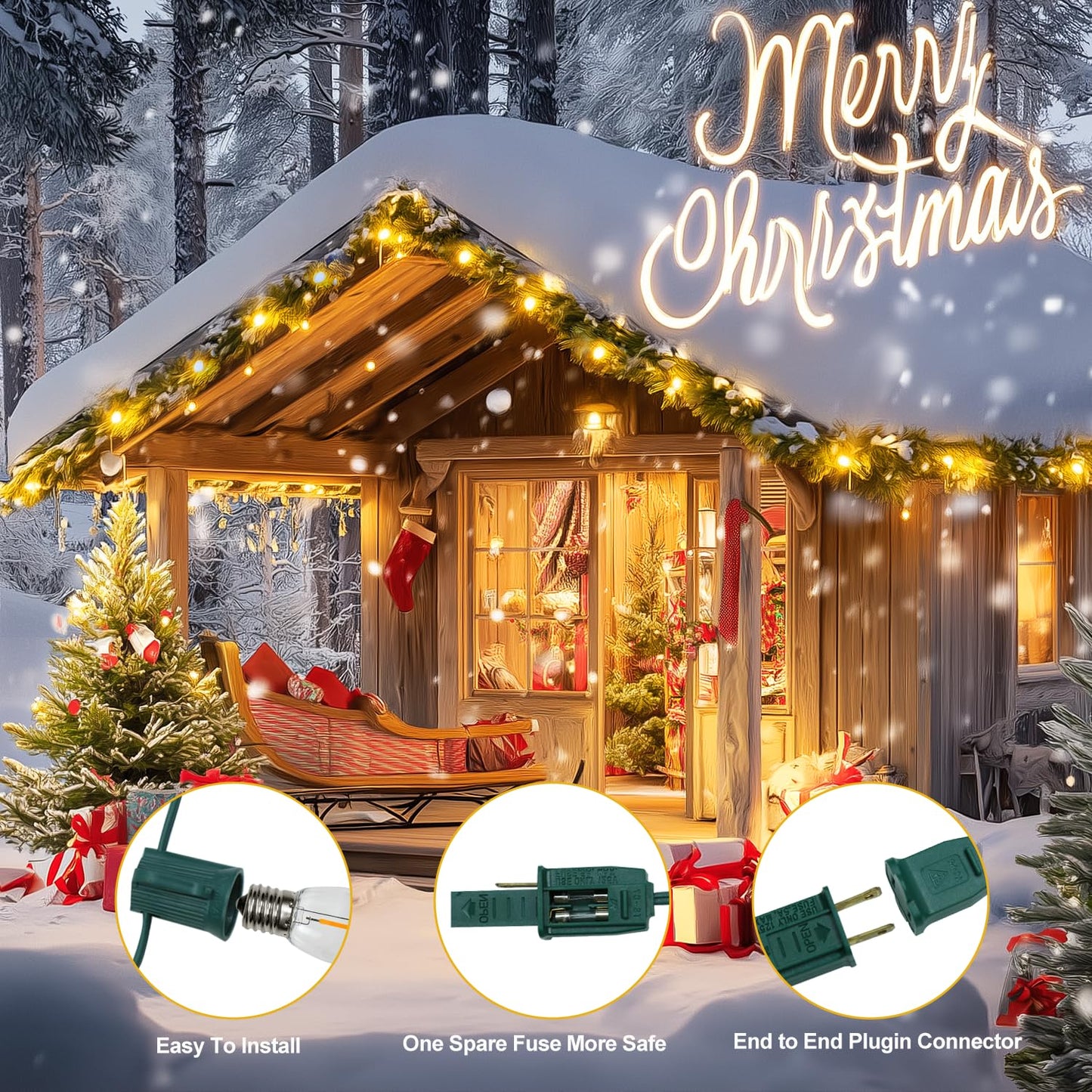 C9 Clear Christmas String Lights, 25FT 26 Bulbs Bright & Warm Outdoor Christmas Lights, Outdoor Indoor Xmas Roofline Backyard Garden Patio Home Holiday Decor, Waterproof Extendable Green Wire