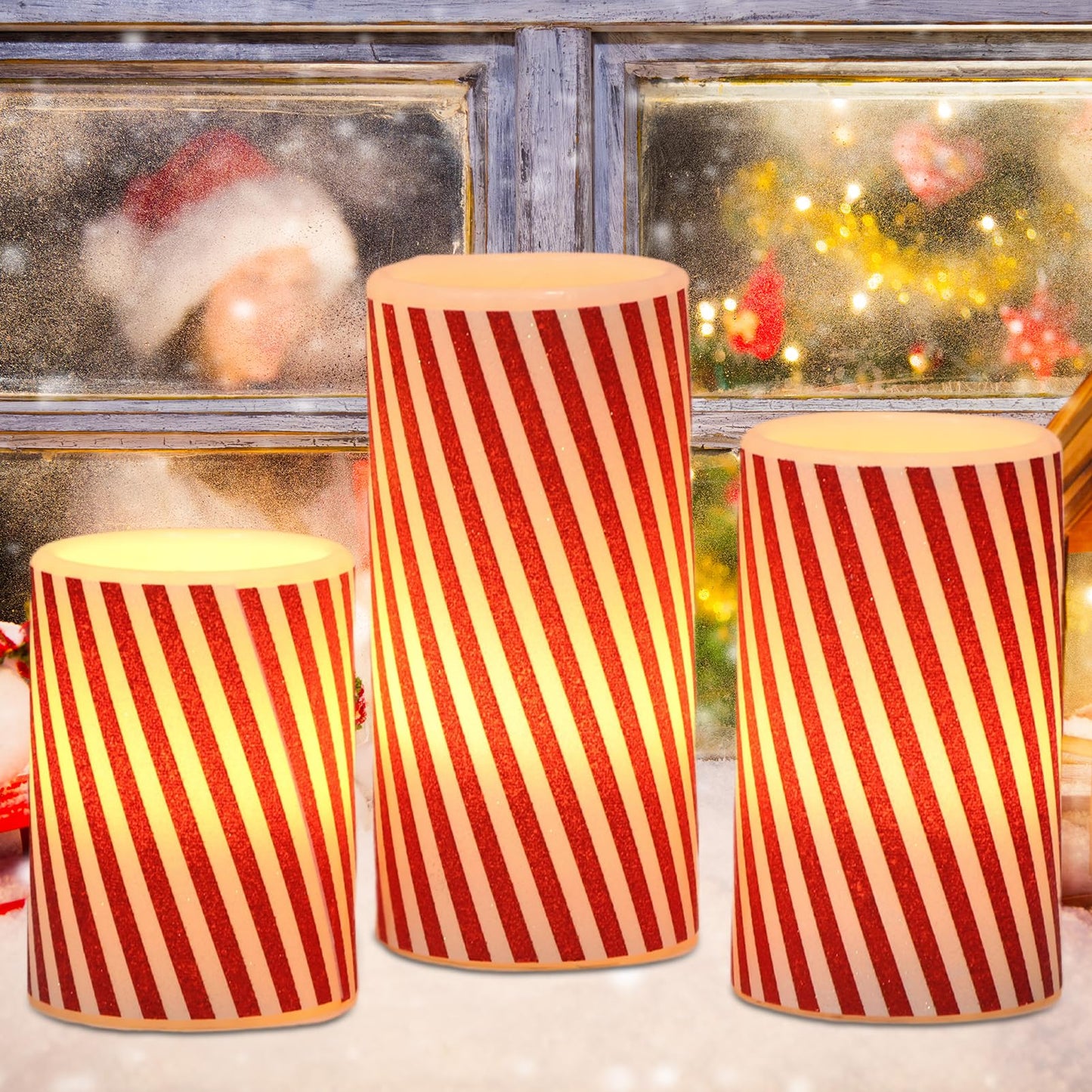 Wondise Christmas Red Stripes Glitter Flickering Flameless Candles with 6H Timer, Battery Operated Pillar Candles, Real Wax LED Candles for Home Christmas Decoration Gift(D3 x H4 x5 x6)