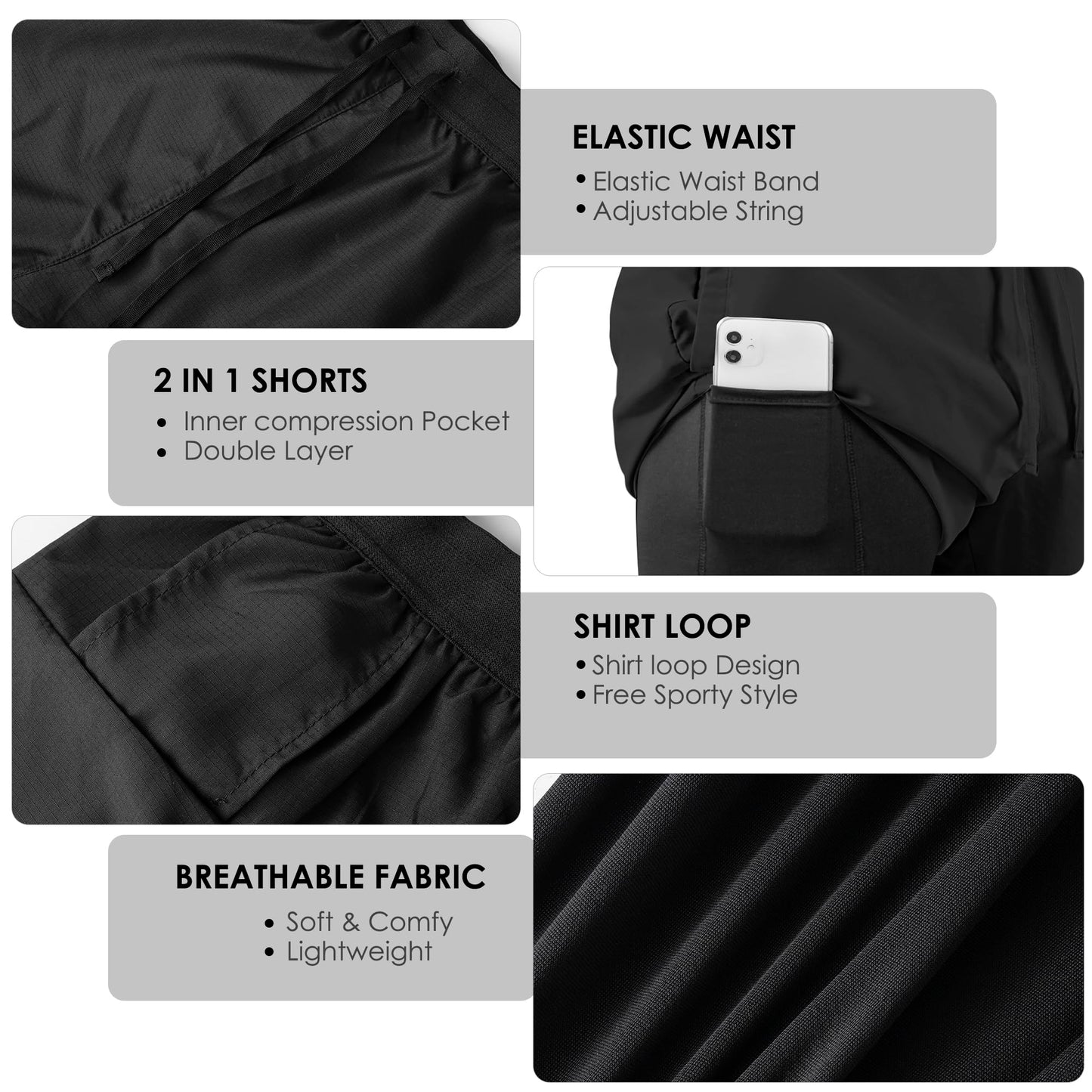NIMOJIRO Men's 2 in 1 Running Shorts Workout Athletic Shorts Outdoor Sports with Liner Lightweight Training Yoga Gym Shorts with Phone Pockets Black L