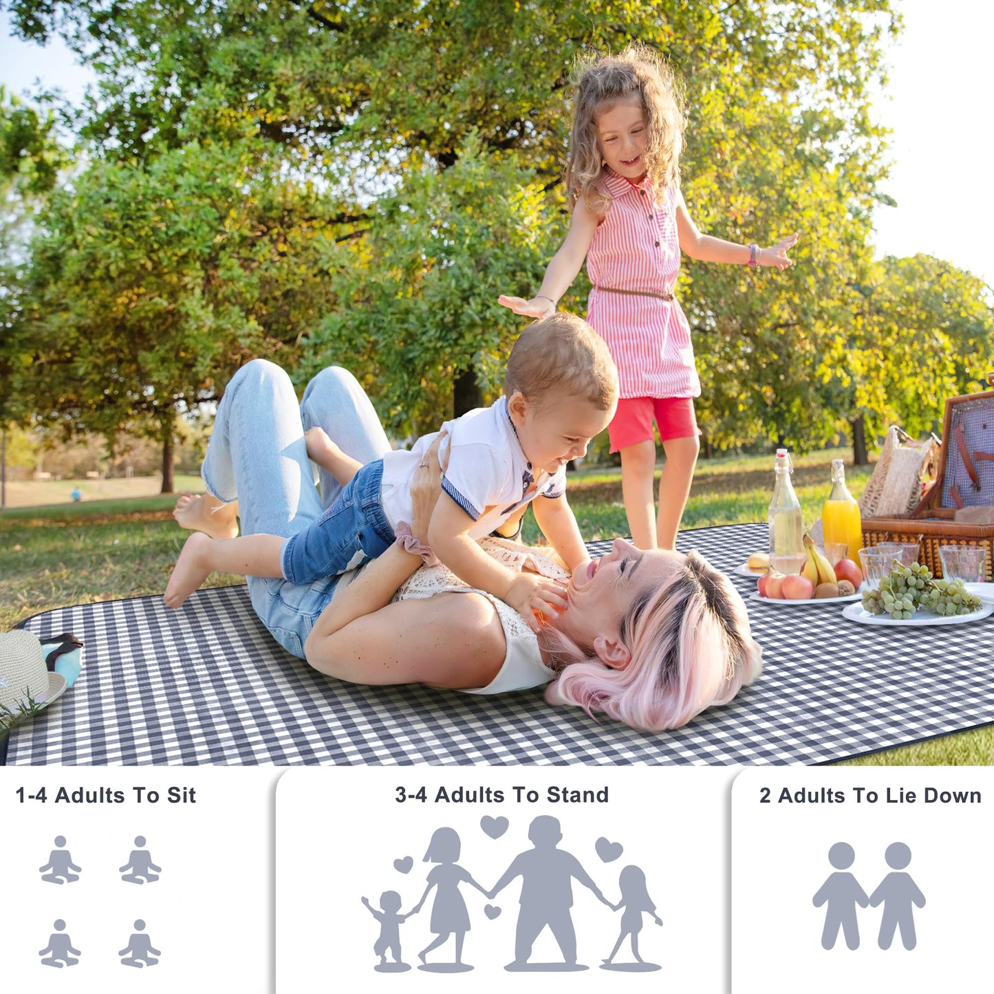SAMSIER Outdoor Picnic Blankets Waterproof Foldable Sandproof, Large Gingham Cute Picnic Mat Washable Portable for Park Beach Camping Courtyard (Navy Blue, 60"×80")