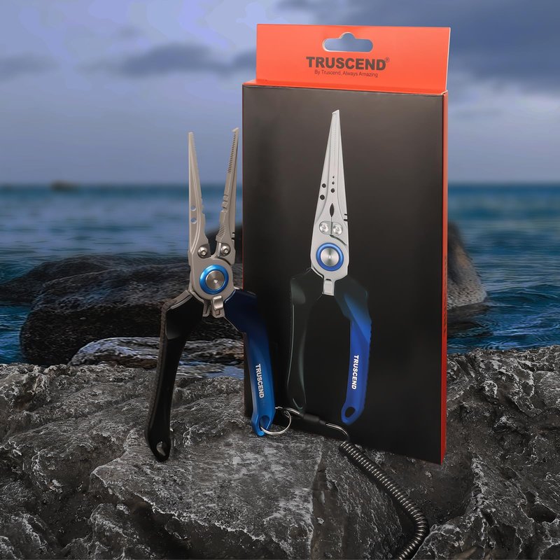 TRUSCEND Lockable Fishing Pliers with High Tungsten Carbide Cutter, Innovative Ergonomic Handy Handle, Saltwater Corrosion Resistant Teflon Coated Fishing Tool, Super Light Multi-Function Fishing Gear