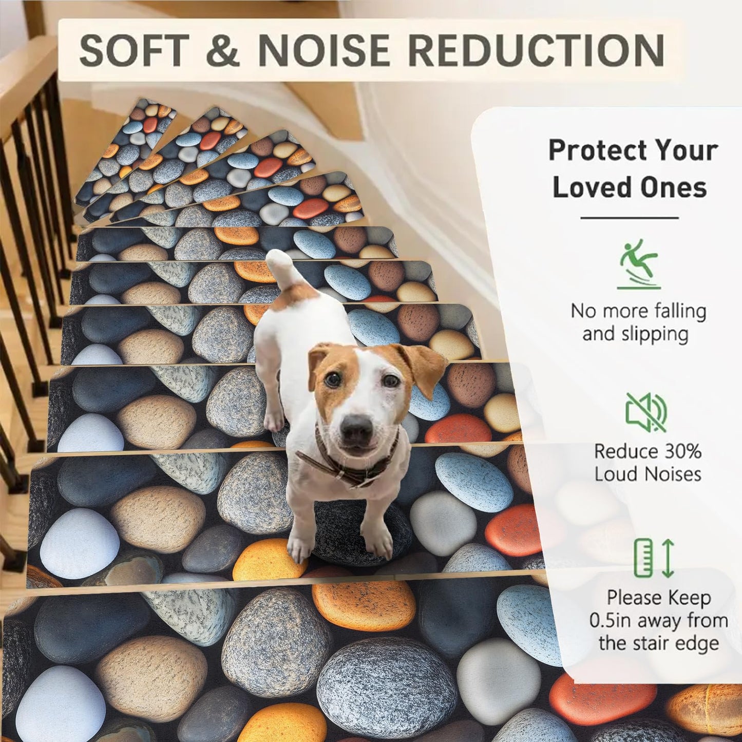 15 Pack Non-Slip Stair Treads for Wooden Steps, 8" x 30" Self-Adhesive Indoor Carpet Stair Runners, Washable Safety Stair Mats with 3D Pebble Stone Print, Anti-Skid Rugs (Pebble Stone 1)