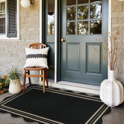 LORWER Scalloped Easy Jute 3x5 Outdoor Rug, Washable Rugs for Entryway Black Front Door Mat, Farmhouse Neutral Non Slip Indoor Carpet for Patio Living Room Backyard