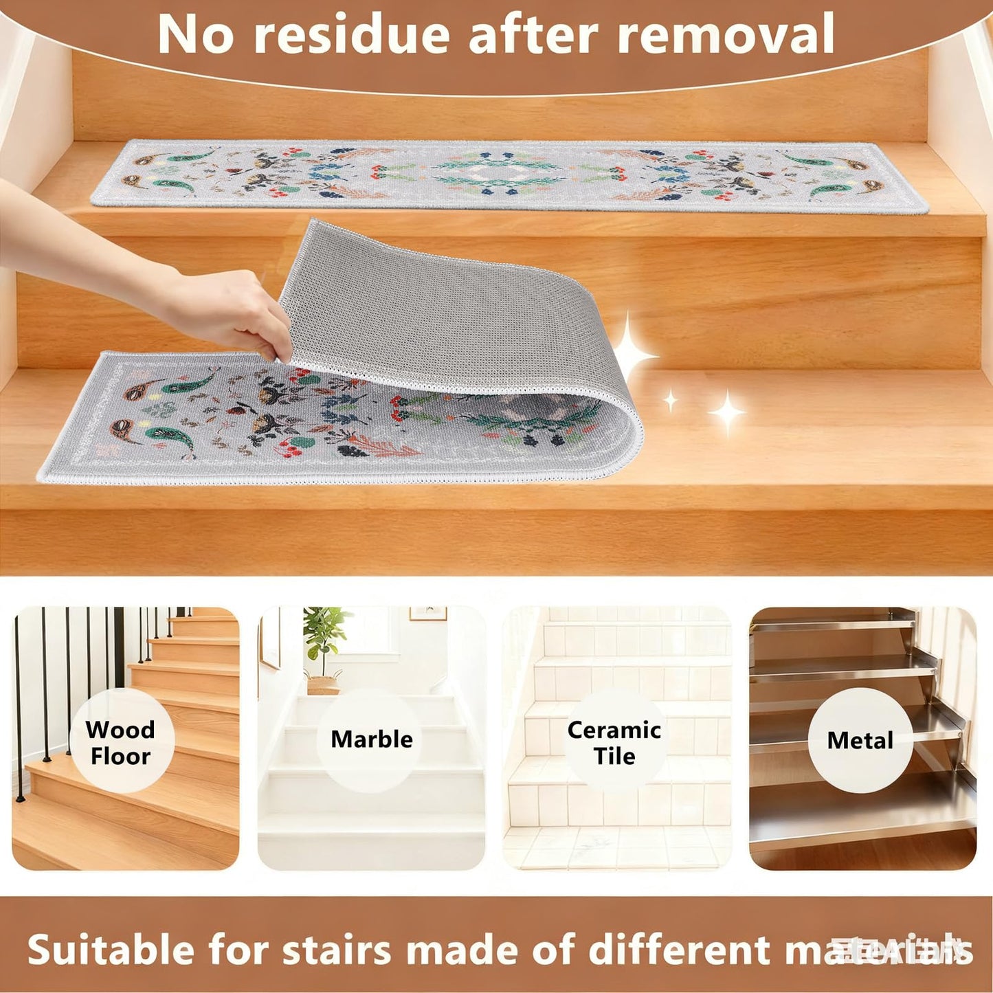 Retro Stair Treads Non Slip for Wooden Steps, 8"x30" Stair Carpet TPR Backing Stair Carpet Treads Soft Stair Runner Washable Reusable Stair Rugs Indoor Safety Stair Mats for Elders Kids Dogs Grey