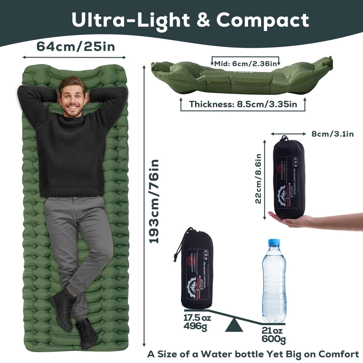 Gear Doctors® Ether 17.5oz Ultralight Camping Sleeping Pad – Backpacking Air Mattress – Camping Mattress Pad – Compact Inflatable Sleeping Mat for Backpacking, Comfortable Outdoor Hiking, Tent, Travel