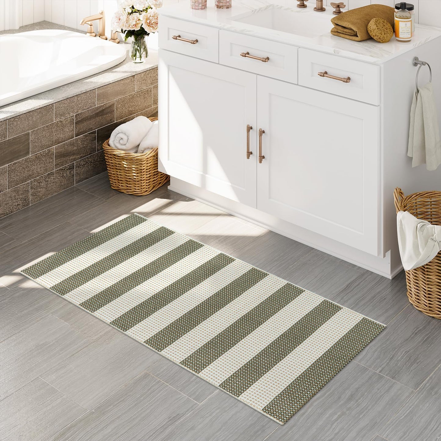 OJIA Striped Rug 24"x51" Washable Front Door Mat Outdoor Doormat Woven Entry Rug Cotton Indoor Outdoor Rug Small Checkered Rugs for Porch Kitchen Entryway Patio Bathroom (Green/White/Tan)