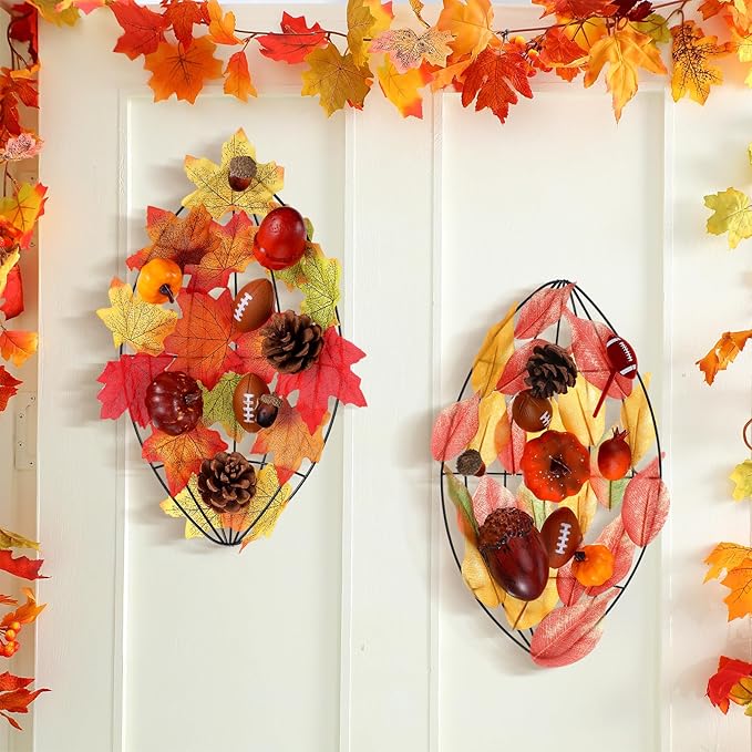 6 Pcs Fall Football Decorations 12 Inch Football Wreath Fall Metal Wreath Form Wire Garland for Sports Party Autumn Harvest Party Decor DIY Craft Project Holiday Front Door Hanging Home