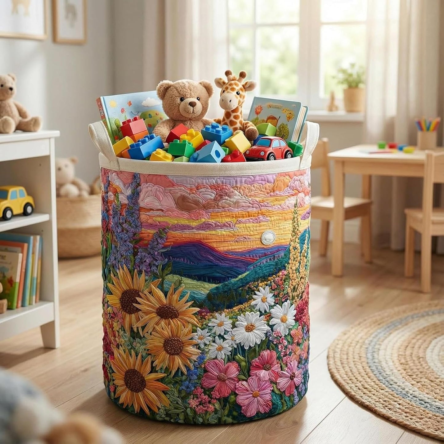 Quilted Laundry Basket With Handles,boho fabric storage basket,multi-functional clothes storage basket，Lightweight and foldable design (Style O, S：14in*18in)