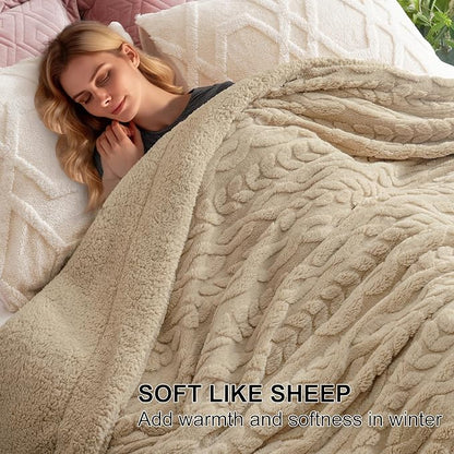 PHF Fluffy Sherpa Blanket Queen Size for Winter, Warm and Soft, 510GSM 3D Jacquard Thick Shaggy Fleece Plush Blanket for Sofa Bed, Khaki, 90"x90"