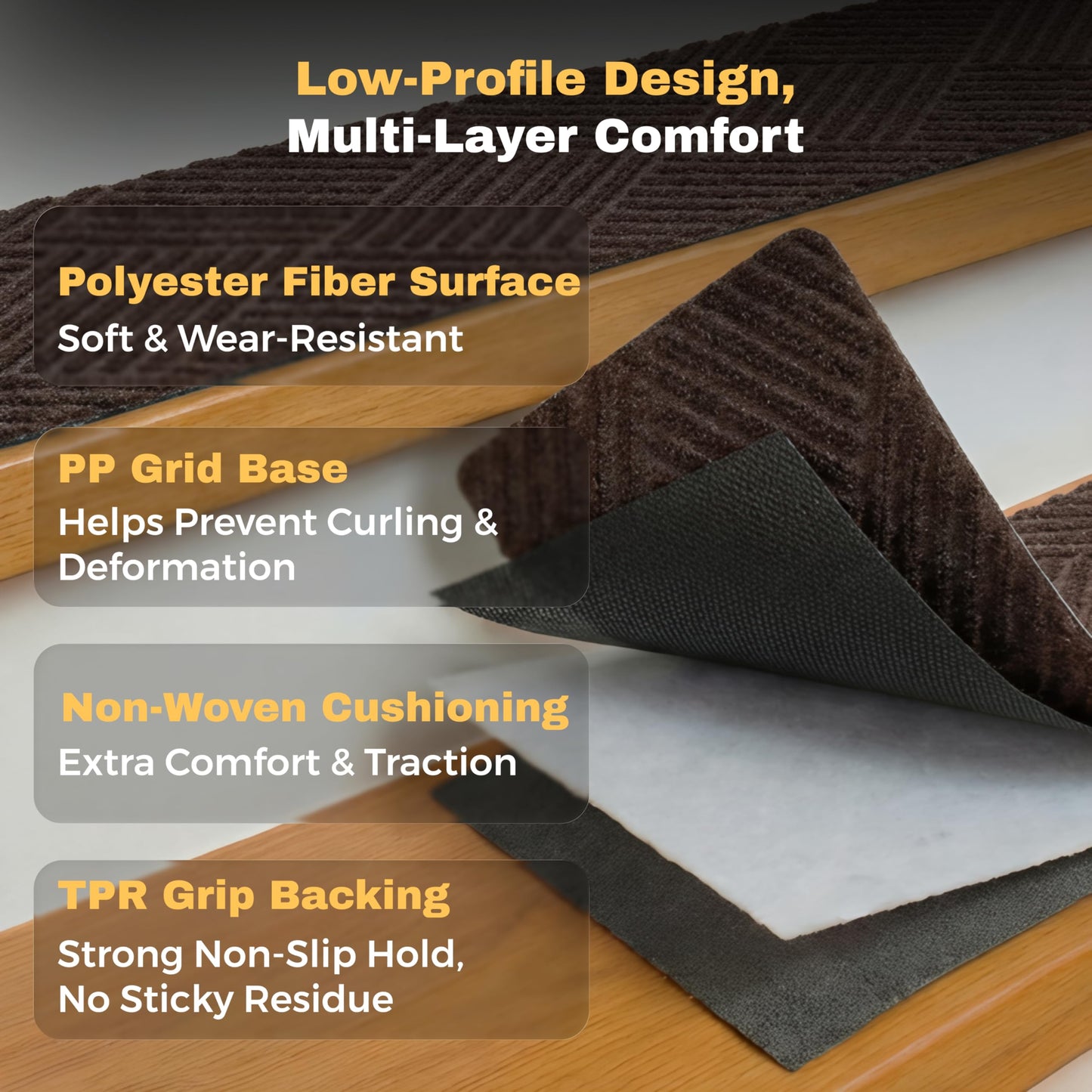 MBIGM 8 X 30inches, 15 in Pack, Non-Slip Carpet Stair Treads Non-Skid Safety Rug Slip Resistant Indoor Runner for Kids Elders and Pets with Reusable Adhesive, Brown Weave