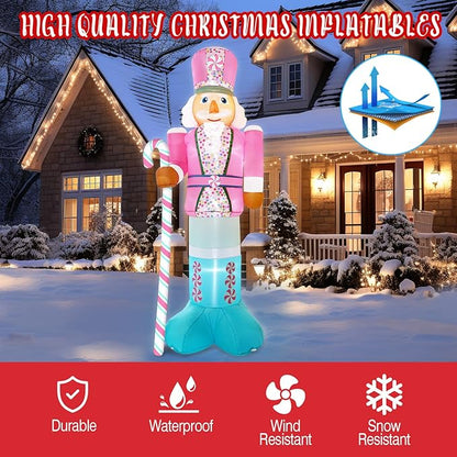 10FT Christmas Inflatables Pink Nutcracker Hold Candy Cane, Christmas Blow up Yard Decoration Inflatable Nutcracker Built-in 6 LED for Xmas Decorations Outdoor Indoor Xmas Gifts