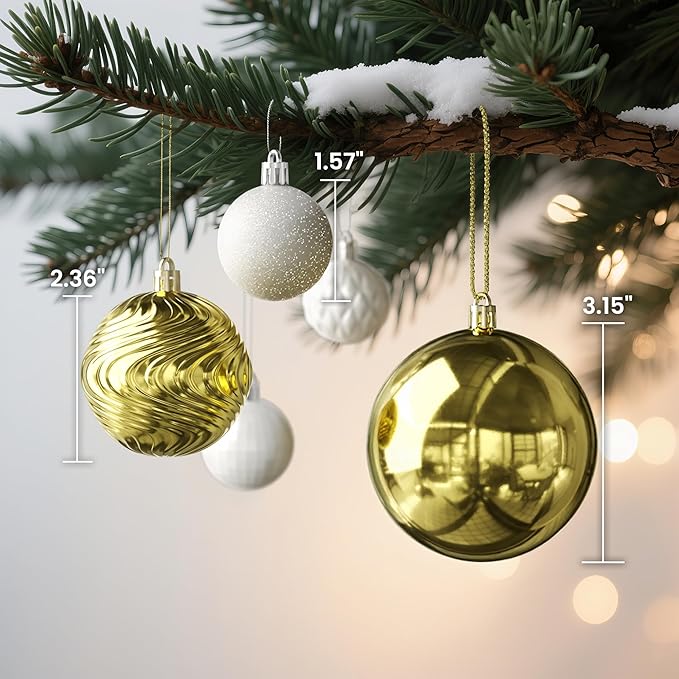 Annecy Christmas Tree Ornaments - 36 PCS Shatterproof Christmas Ball Ornaments Set for Holiday, Wreath & Party Decorations (Multi-Size, Gold, White)
