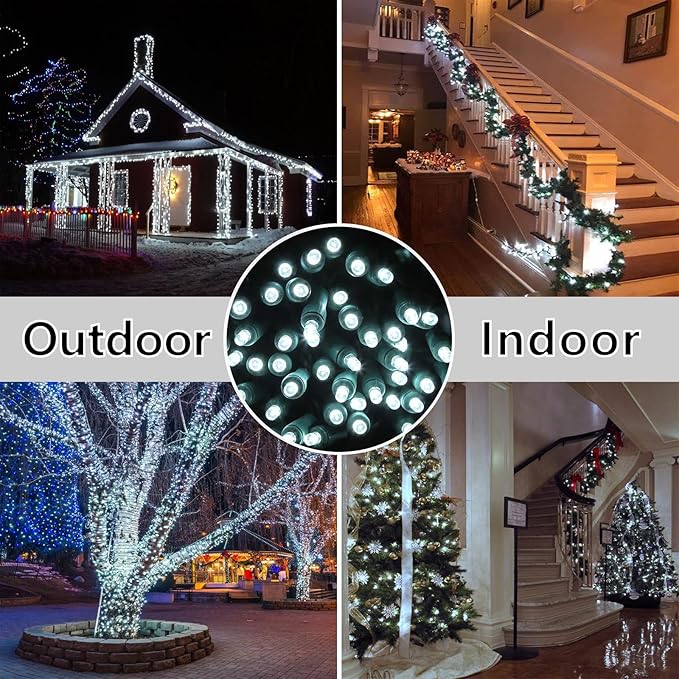 50ft 100 Counts Cool White LED Christmas Lights Outdoor- Commercial Grade Outdoor Waterproof, LED String Lights Indoor 5mm Wide Angle Green Wire, Xmas Tree Lights, IP:65, UL