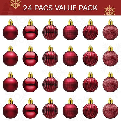 JOIEDOMI 24 Pcs Burgundy Red Christmas Balls Ornaments Set, 2.36" Christmas Tree Ornaments Shatterproof, Xmas Balls Hanging Decorations for Tree Wreath Garland Holiday Wedding Indoor Party Decor