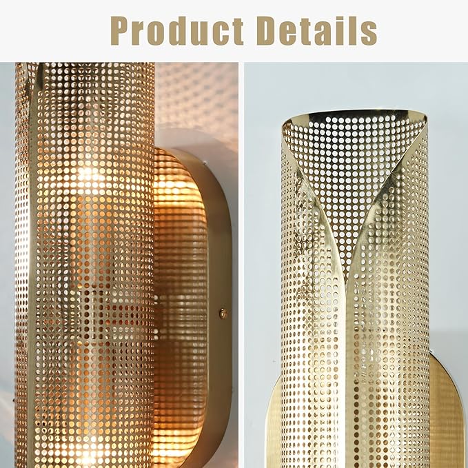 21.6 Inch Curved Perforated Double Wall Sconce, Hand-Made Aged Brass Metal Wall Mounted Light Over Mirror, Luxury Wall Light for Bedroom, Elegant Light Fixture for Indoor
