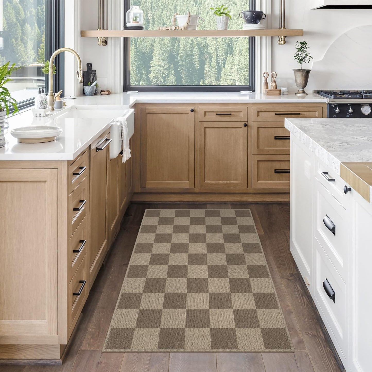 Rugalia Easy Jute Checkered Entryway Rug, 2.6x4 Brown Modern Indoor Outdoor Doormat, Washable Non-Slip Neutral Kitchen Rug Farmhouse Checkerboard Throw Rugs for Entrance Bedroom Bathroom