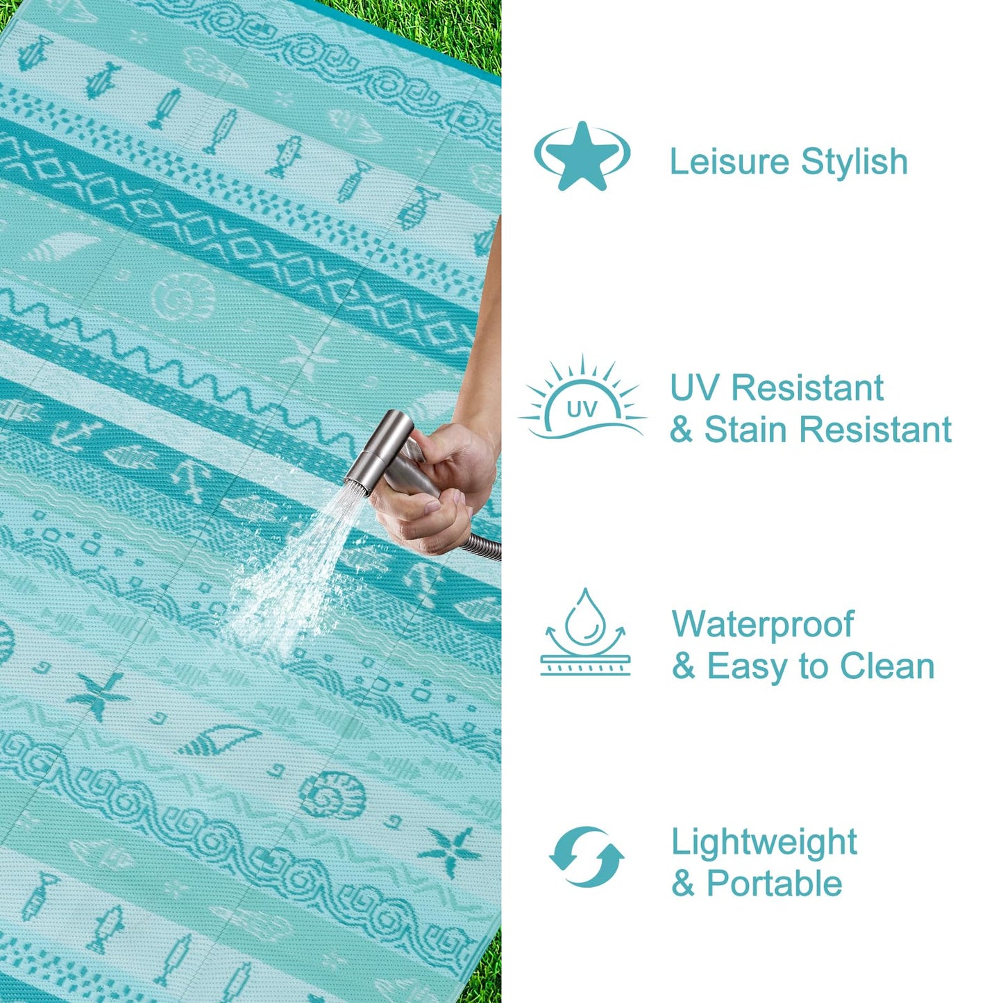 Uphome Coastal Outdoor Rug Waterproof 8x10, Large Reversible Ocean Beach Theme Striped Patio Plastic Straw Rugs, Tribal RV Camping Outside Carpet Mat for Pool Back Yard Deck, 8 x 10 ft