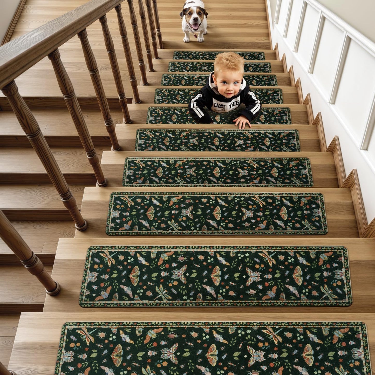 OJIA Insect Print Stair Treads Non Slip Stair Runners for Wooden Steps Indoor, 15PCS 8"x30" Rubber Backing Carpet Treads for Wood Stairs Staircase Step Treads for Kids & Dogs, Stair Covers, Black