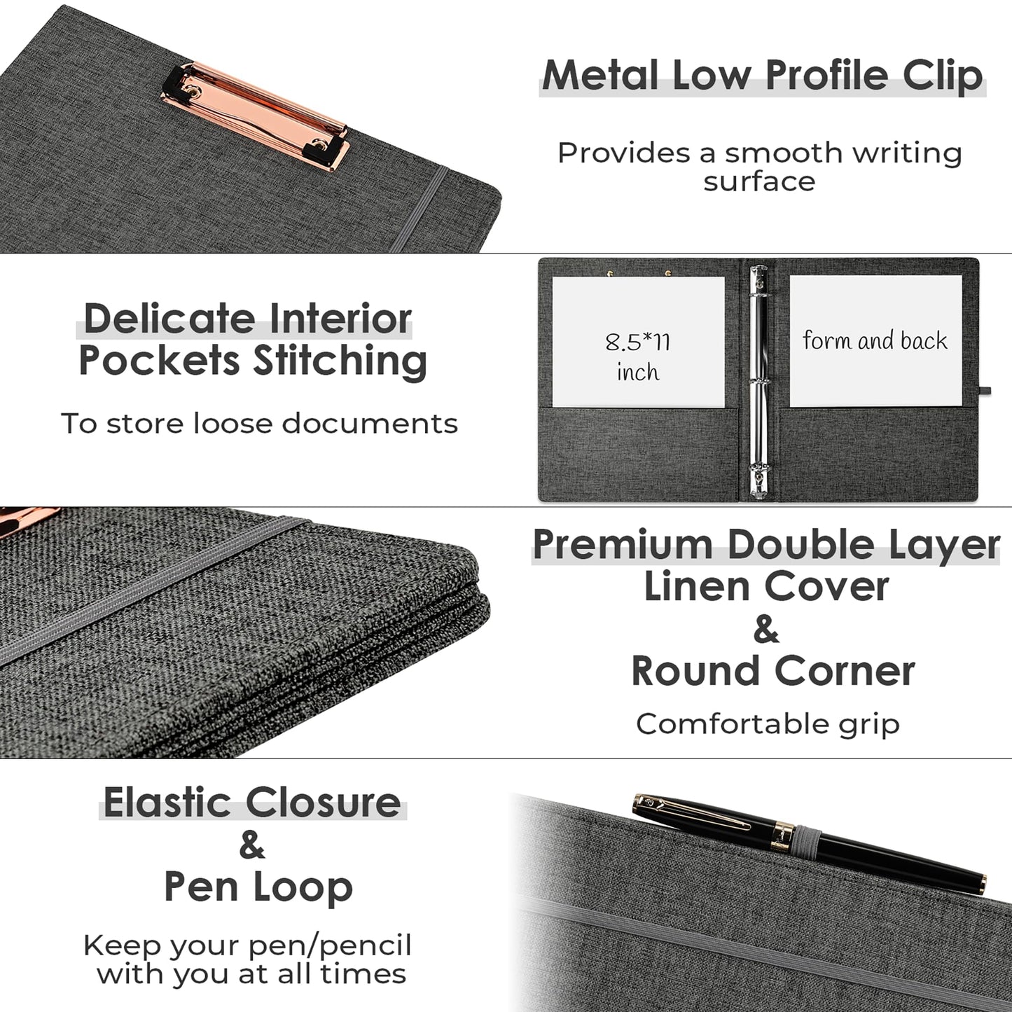 EYROZILL 3 Ring Binder, 1 Inch Linen Binder Organizer for Letter Size (8.5" x 11") with 5 Tab Dividers, File Folder Labels and Low Profile Clipboards, School and Office Supplies- Darkgrey