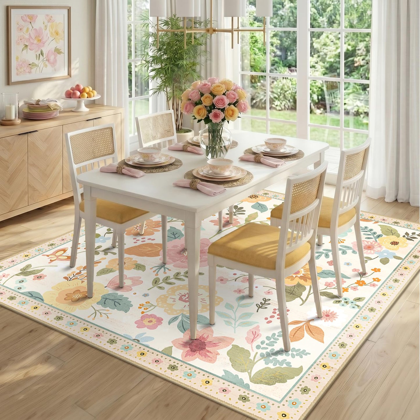 RELEANY Floral Square 5ft Area Rugs Washable Print Boho Cute Carpet Non Slip Flower Low Pile for Living Room Bedroom Kitchen Office Farmhouse-Beige/White/Orange