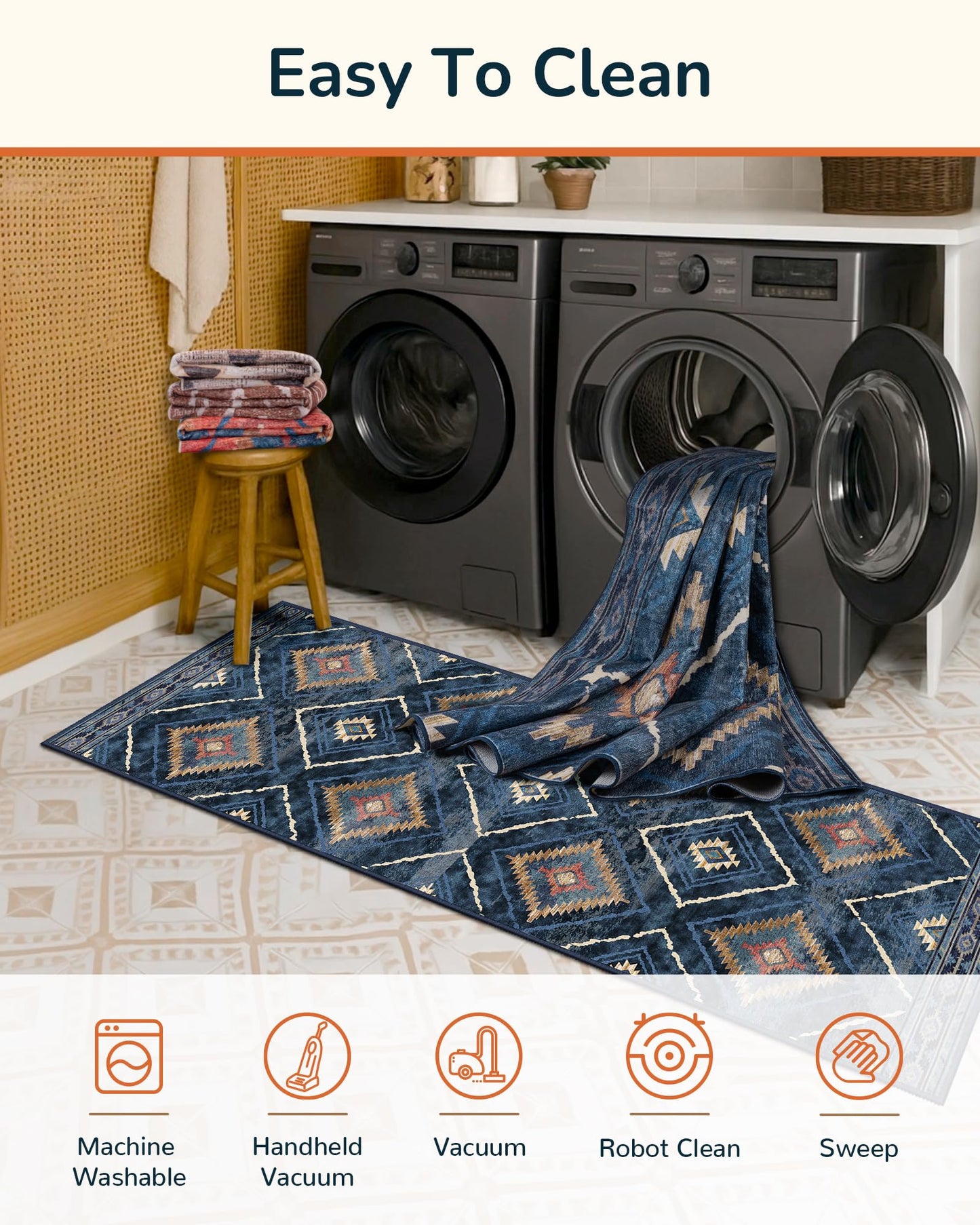 BESTSWEETIE Area Rug 5x7 Rug Machine Washable Non-Slip Low Pile Print Pattern Western Rug for Living Room Bedroom Entryway Tribal Series -Darkblue
