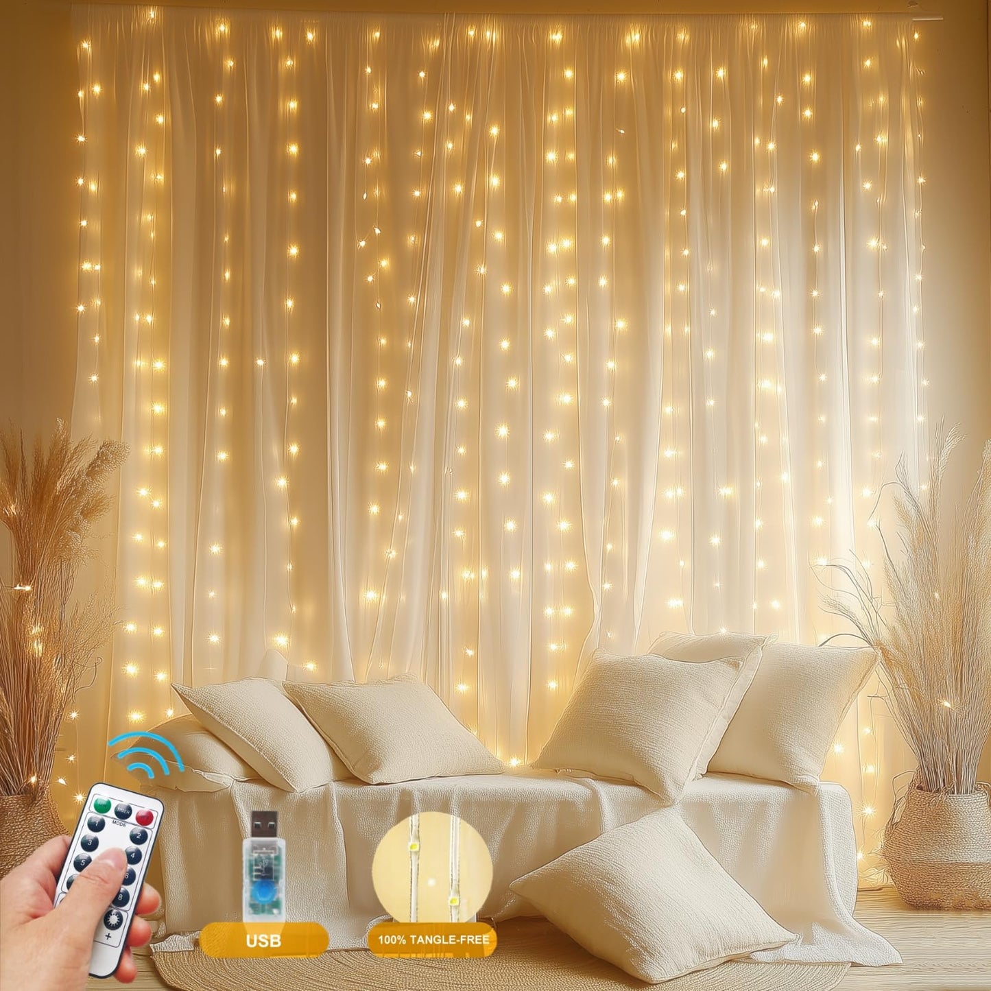 HOLITS Fairy Curtain Lights Upgraded Tangle-Free Warm White USB Plug in 8 Modes String Hanging Lights with Remote for Christmas, Bedroom, Indoor, Outdoor, Weddings, Party (6.6FTx6.6FT)