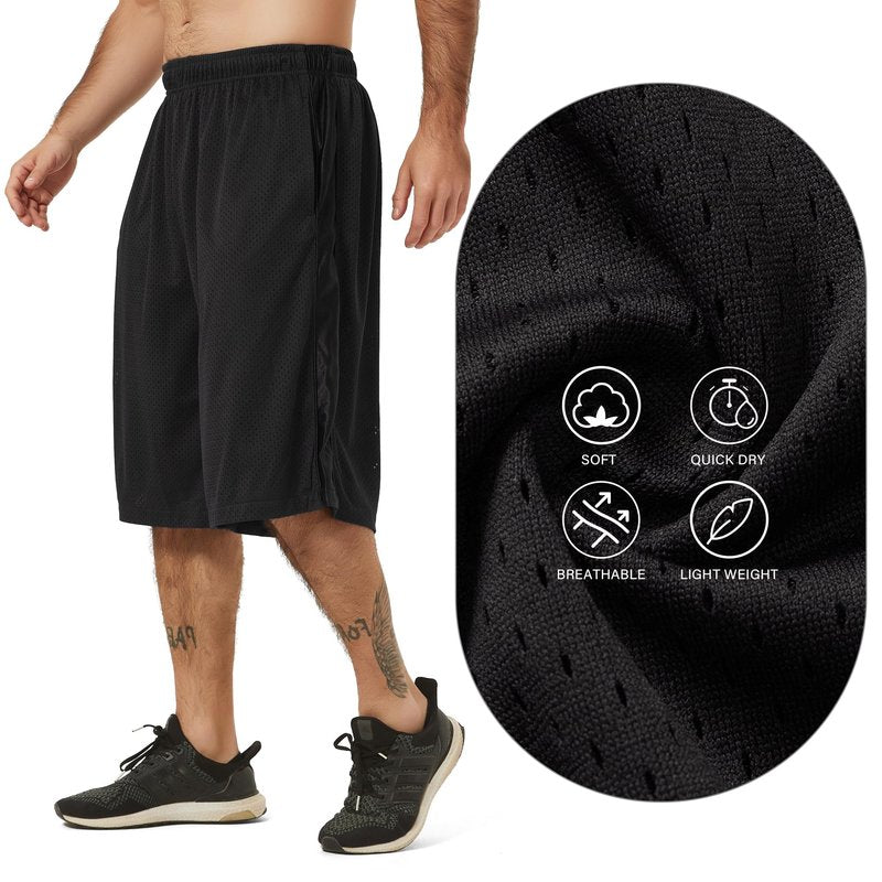 HQUEC Men's 12" Basketball Shorts Long Athletic Workout Gym Mesh Shorts Below Knee Loose-Fit with Pockets Black 2XL