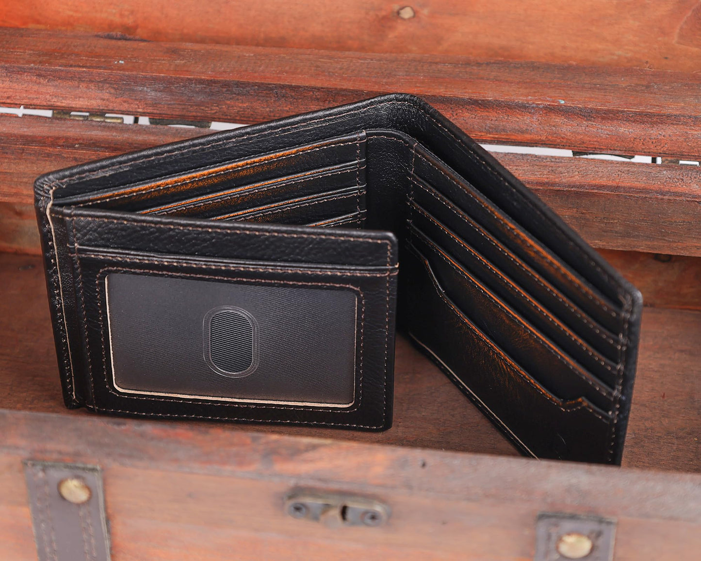 DK86 Deer Bifold Wallet for Men RFID Blocking Full Grain Leather With Hand Burnished Extra Capacity Multiple Card Slots with 2 ID Windows (black orange with deer)