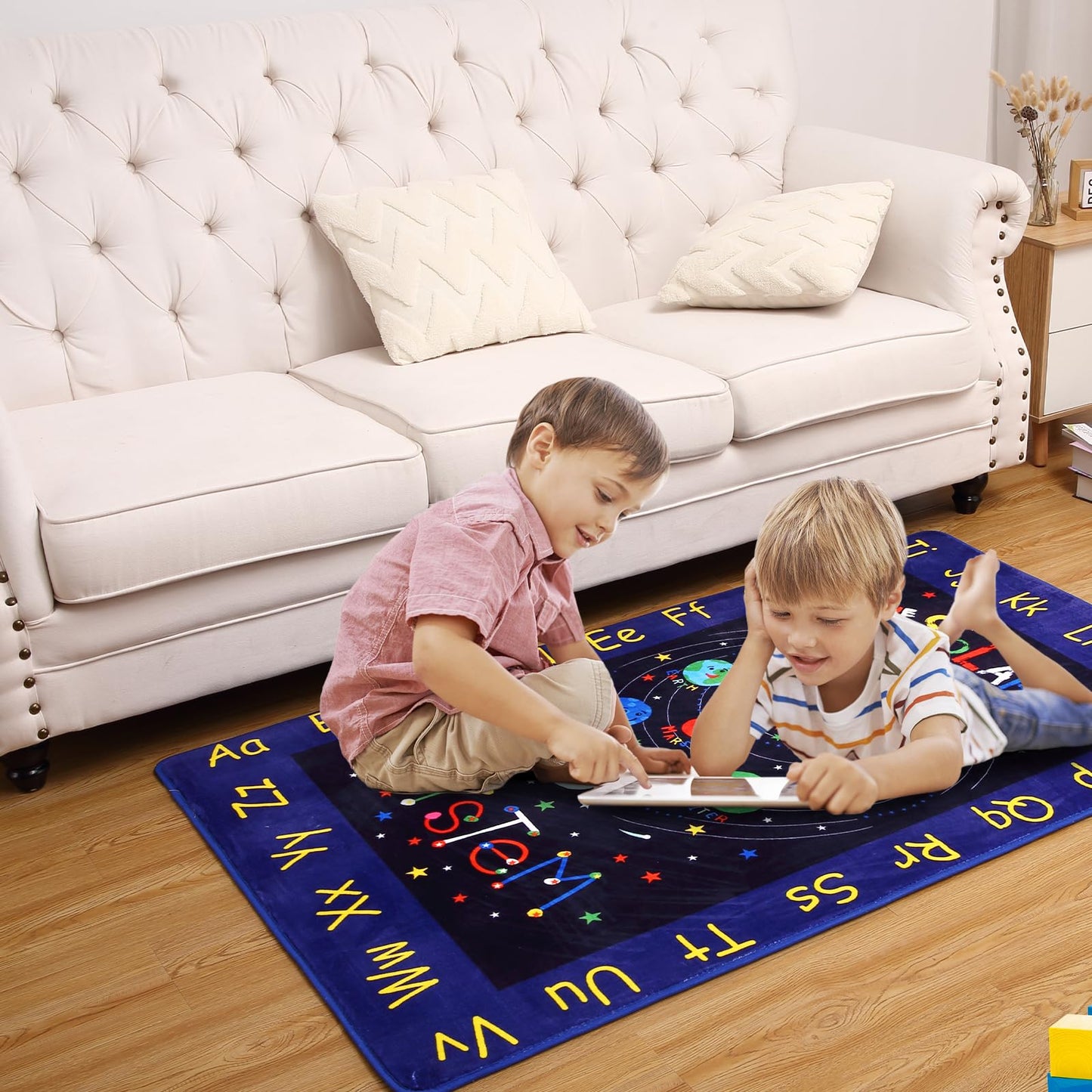 LUXLOOM 3x5 Outer Space Rug Kids Playroom Rug Solar System ABC Alphabet Educational Floor Mat Non Slip Backing Planet Carpet Ultra Soft Low Pile Area Rug for Bedroom Classroom Nursery Playroom Blue