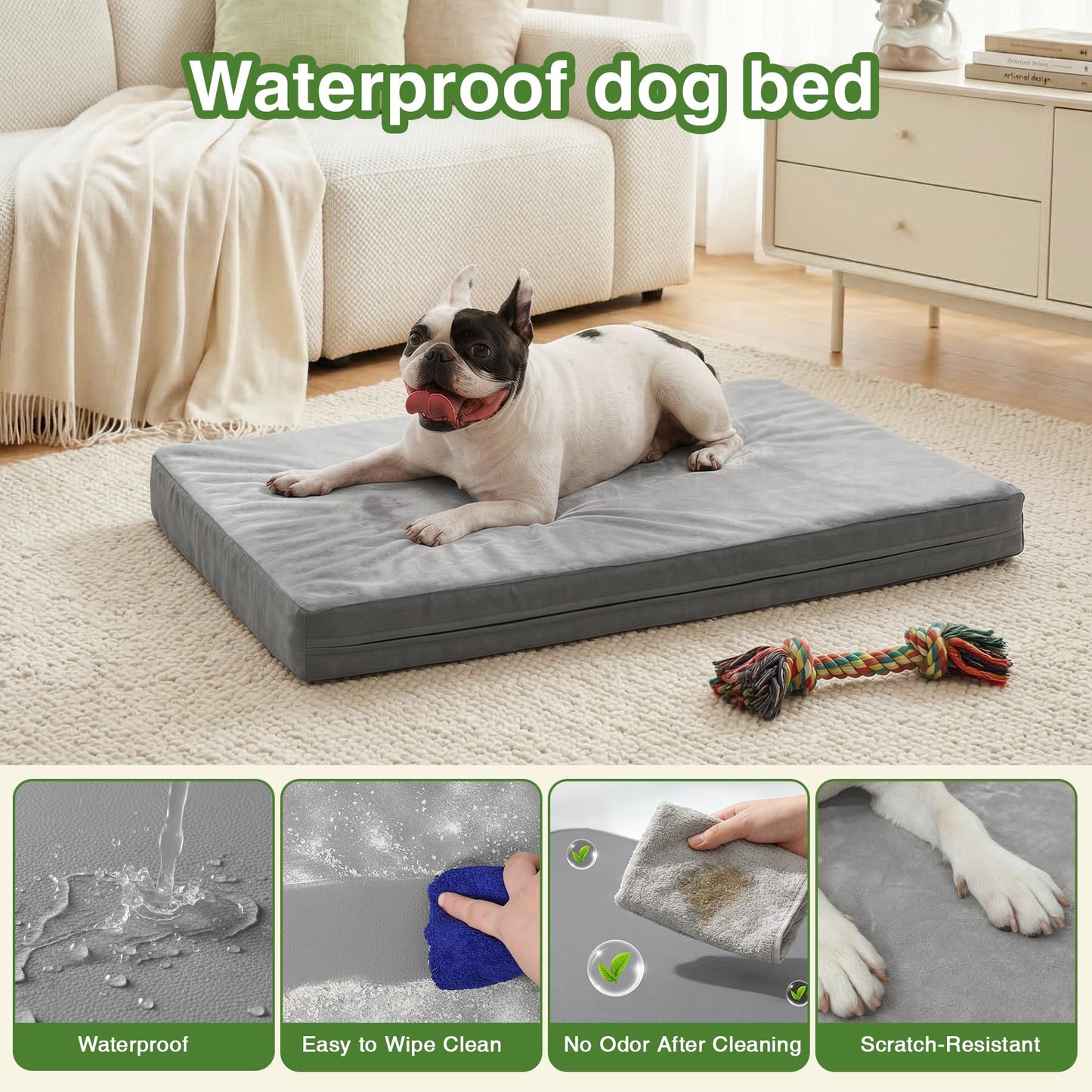 Waterproof Small Dog Bed Crate Pad 24 inch, Outdoor Washable Puppy Bed Orthopedic with Removable Cover Reversible, Foam Cat Bed Kennel Pad 23" x17, Durable Anti-Slip Bottom, Gray
