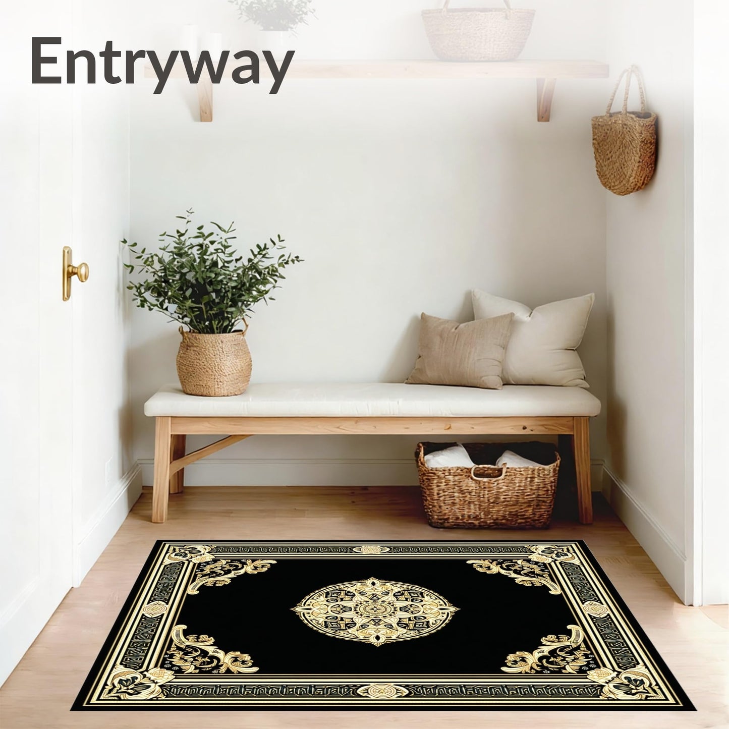 ODIKA Flatwoven High Traffic Area Rug 4x6, Machine Black Gold Medallion, Non Slip, Stain Resistant, Washable Area Rugs for Living Room, Bedroom (Black, 4x6)