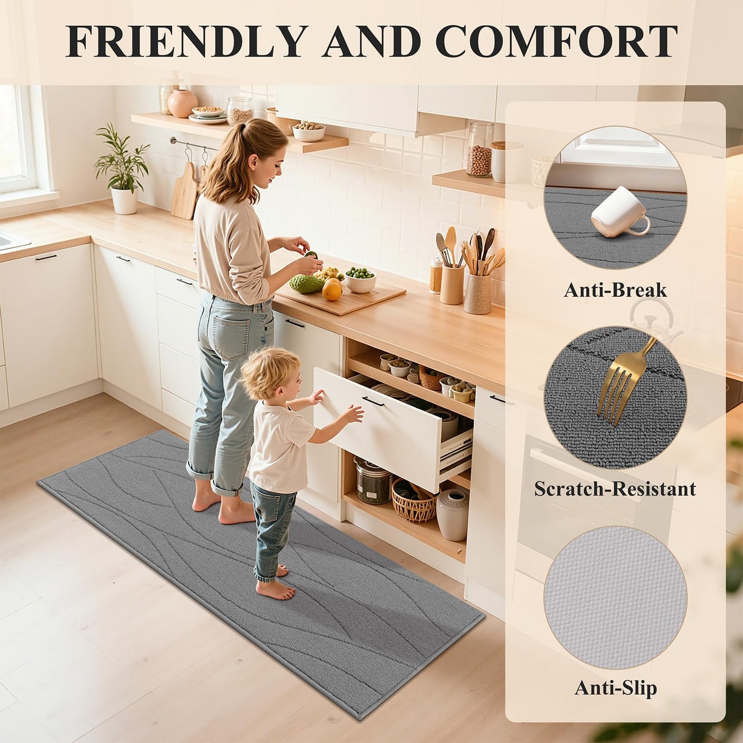 Bsmathom Kitchen Rugs Sets of 3, Non Slip Kitchen Runner, Machine Washable Non Skid Kitchen Rug, Kitchen Floor Mat for Hallway Entryway Laundry Room, Light Gray