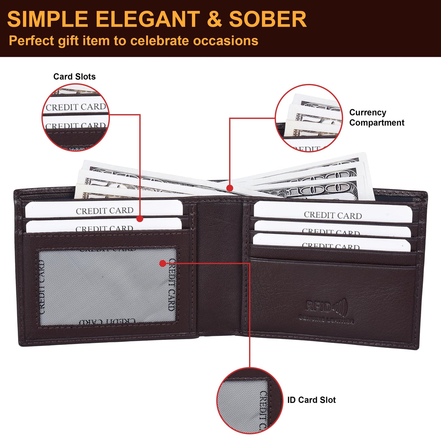 ASAD Leather Bifold Wallets For Men with 2 Note Compartment, 6 Card Slots, 2 Slip Pocket & 1 ID Slot, Genuine Leather Bifold Wallet for Men, RFID Blocking, Slim Wallet | Brown