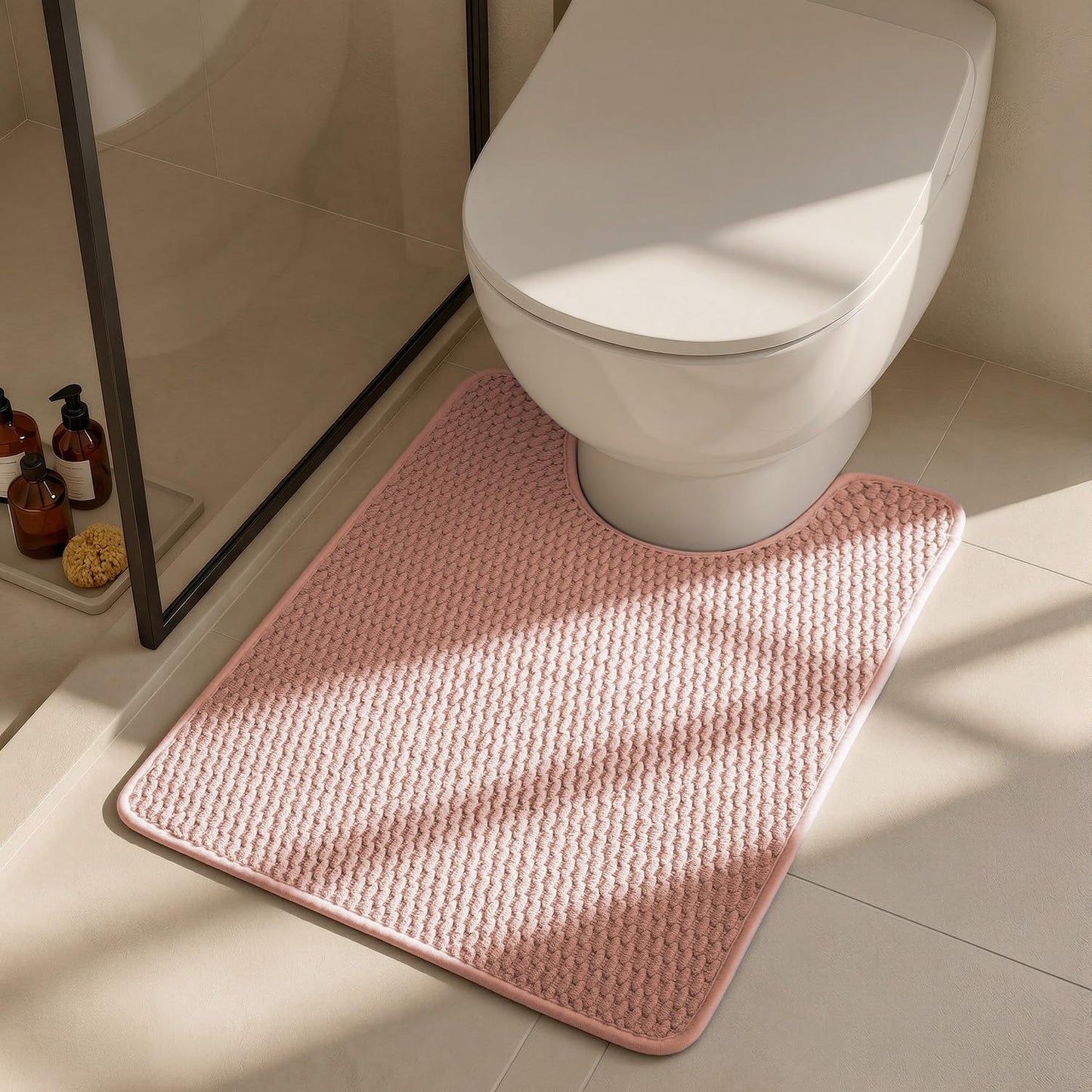 Triohero Toilet Rug, Thin Toilet Rugs U Shaped Washable Non Slip Absorbent Quick Dry Low Pile Toilet Mat, Pink 20"x24" U Shape