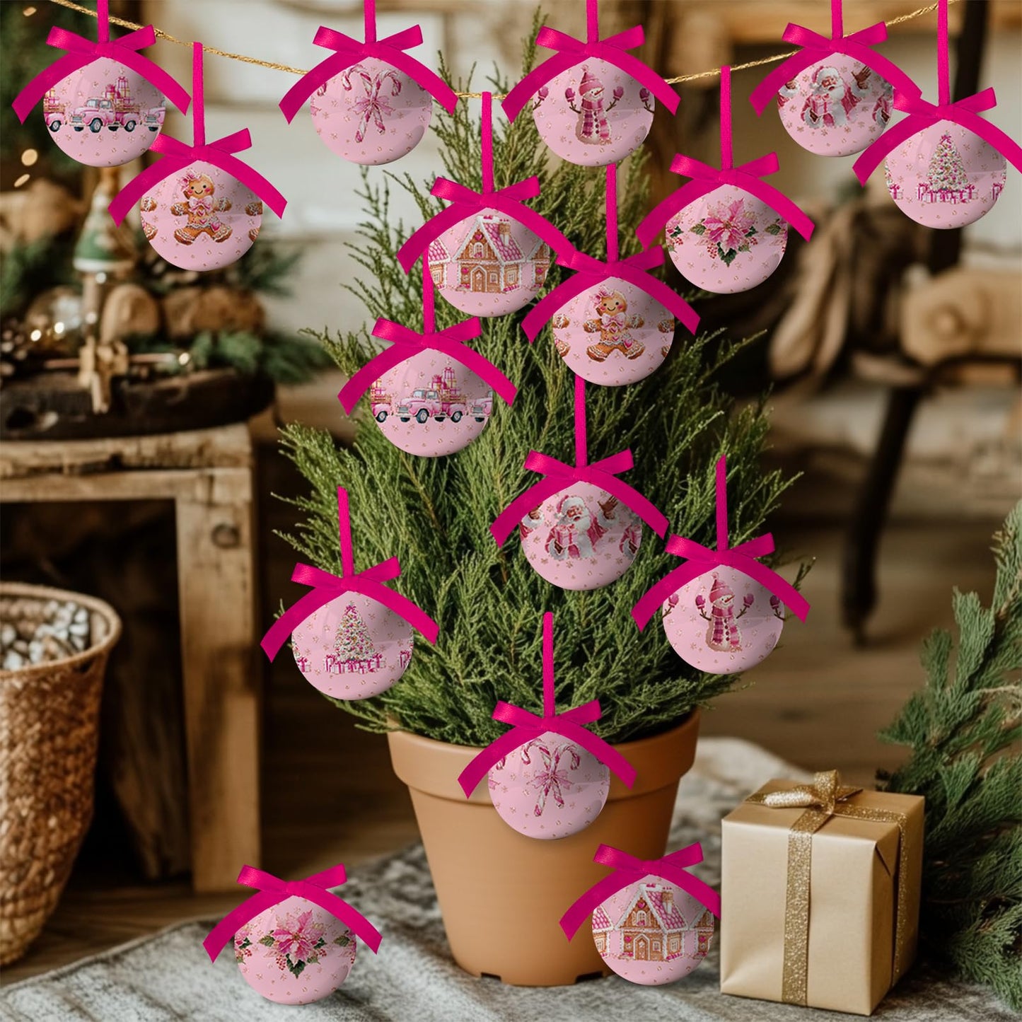 Pink Christmas Decor - Pink Christmas Tree Decorations Snowman Santa Candy Hanging Ornaments Balls, Cute Decorations Ball 1.18 Inch for Xmas Tree Party Home Holiday，Xmas Gifts Set of 16Pcs
