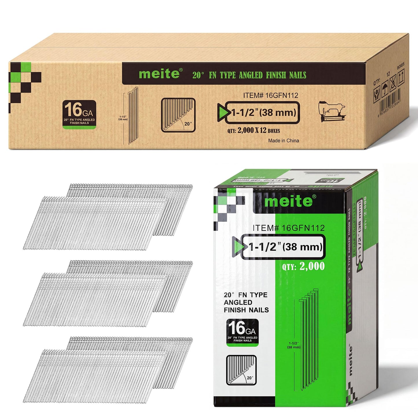 meite 16 Gauge 20 Degree Angled Finish Nails 1-1/2 Inch Galvanized Rust-Proof Finishing Nails for Electric or Pneumatic Finish Nailer - Cabinet Crown Baseboard Trim & Molding (24,000 PCS)