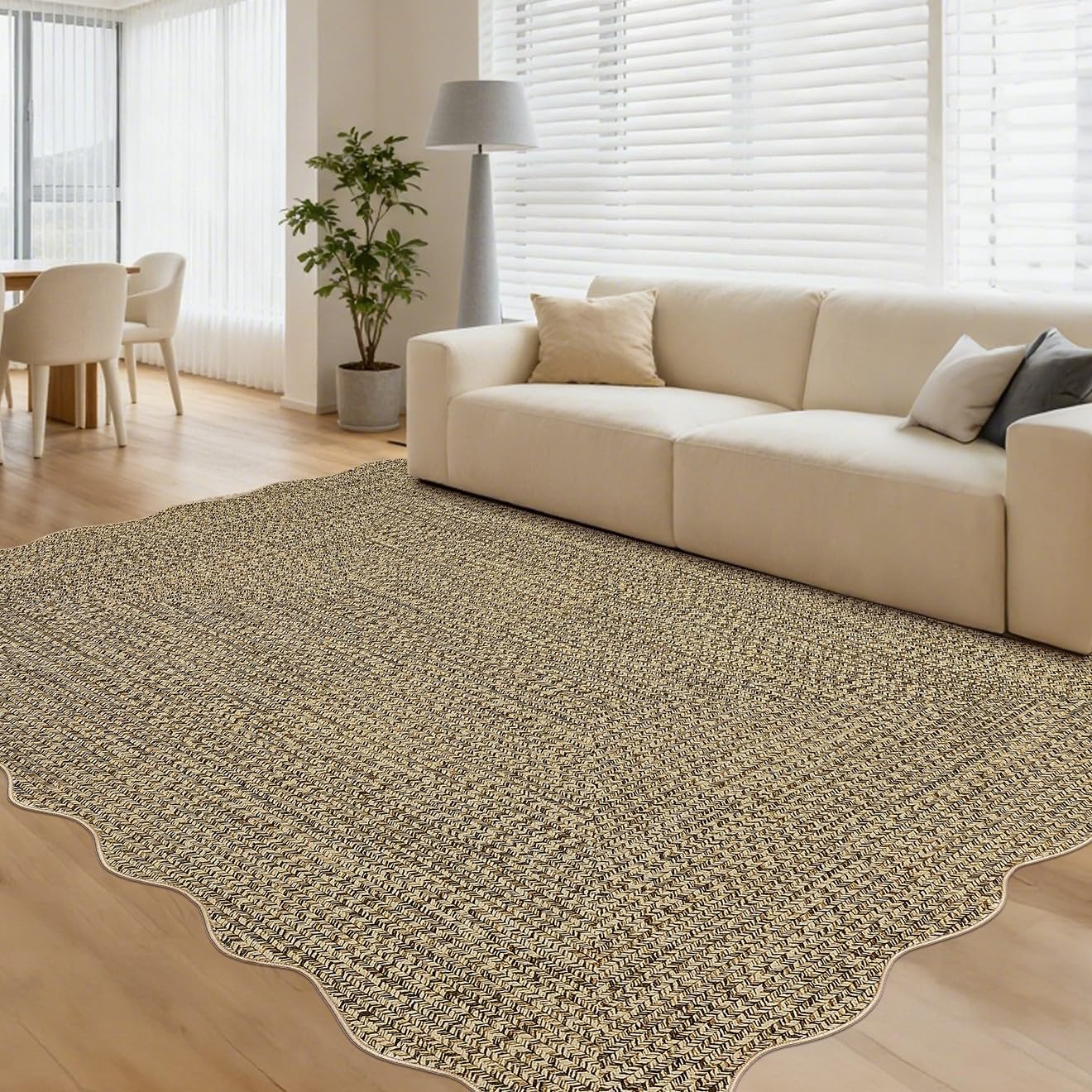 Garvee Printed Rug (Not Woven!) 8x10 Area Rugs for Living Room Non-Slip Washable Rugs, Scalloped Large Carpet, Stain Resistant Ultra-Thin Foldable Floor Cover for Nursery Dining Room