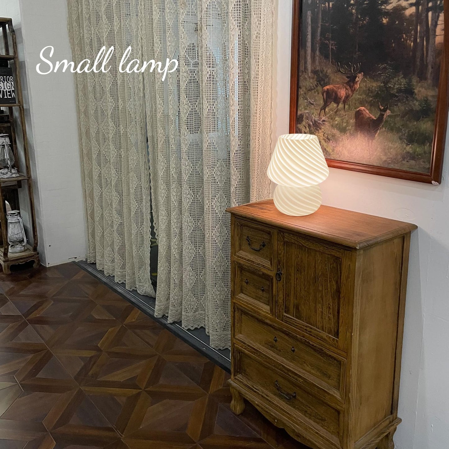ONEWISH Mushroom Lamps Set of 2 - Small Bedside Table Lamp with Striped Glass, Nightstand Lamp for Bedroom, Living Room, Bulb Included(White)