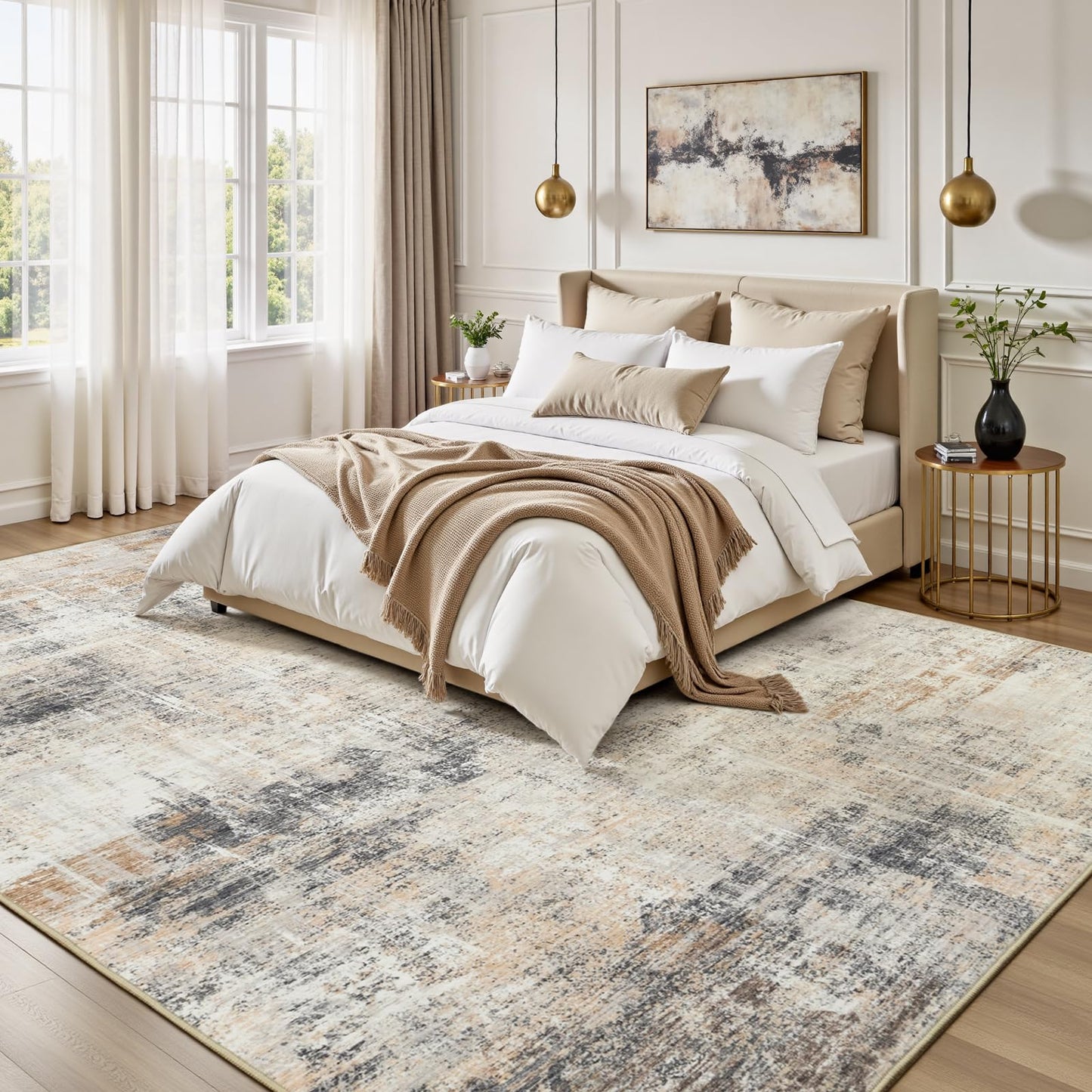 Lofus 9x12 Area Rug for Living Room,Gold Abstract Large Rugs with Non-Slip Backing, Neutral Modern Washable Carpet for Bedroom Dining Room Home Office Nursery Indoor