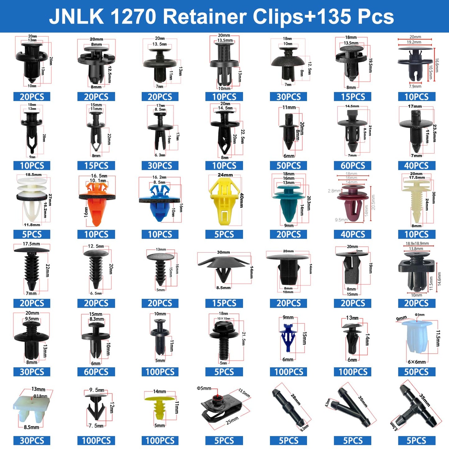 1405Pcs Car Push Retainer Clips Body Clips Plastic Fasteners Kit Fender Rivet Clips 42 Most Popular Sizes Nylon Automotive Push Pin for Toyota GM Ford Honda Acura Chrysler,Blue
