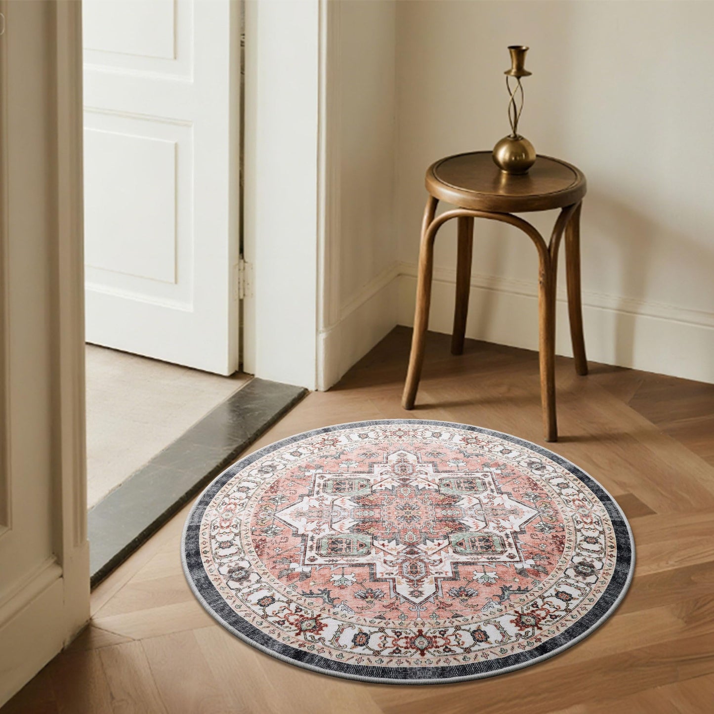 Carvapet 24 inch/61 cm Vintage Round Small Rugs Non-Slip Washable Circle Rug with Rubber Backing Foldable Low Pile Design for Living Room Bedroom, 2 ft Dark Pink Rug