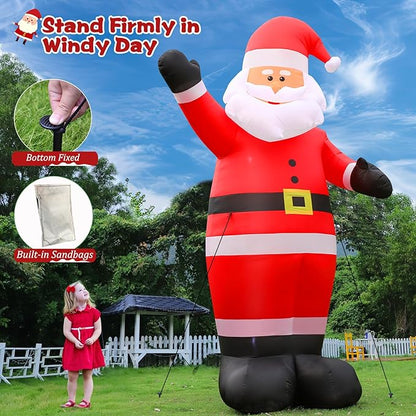 FunFanso 12 FT Giant Christmas Inflatable Santa Claus Outdoor Decoration, Cute Santa Tilting His Head and Waving Hand, Outside Waterproof Xmas Decor for Lawn Yard Patio Garden Holiday Party Porch Home