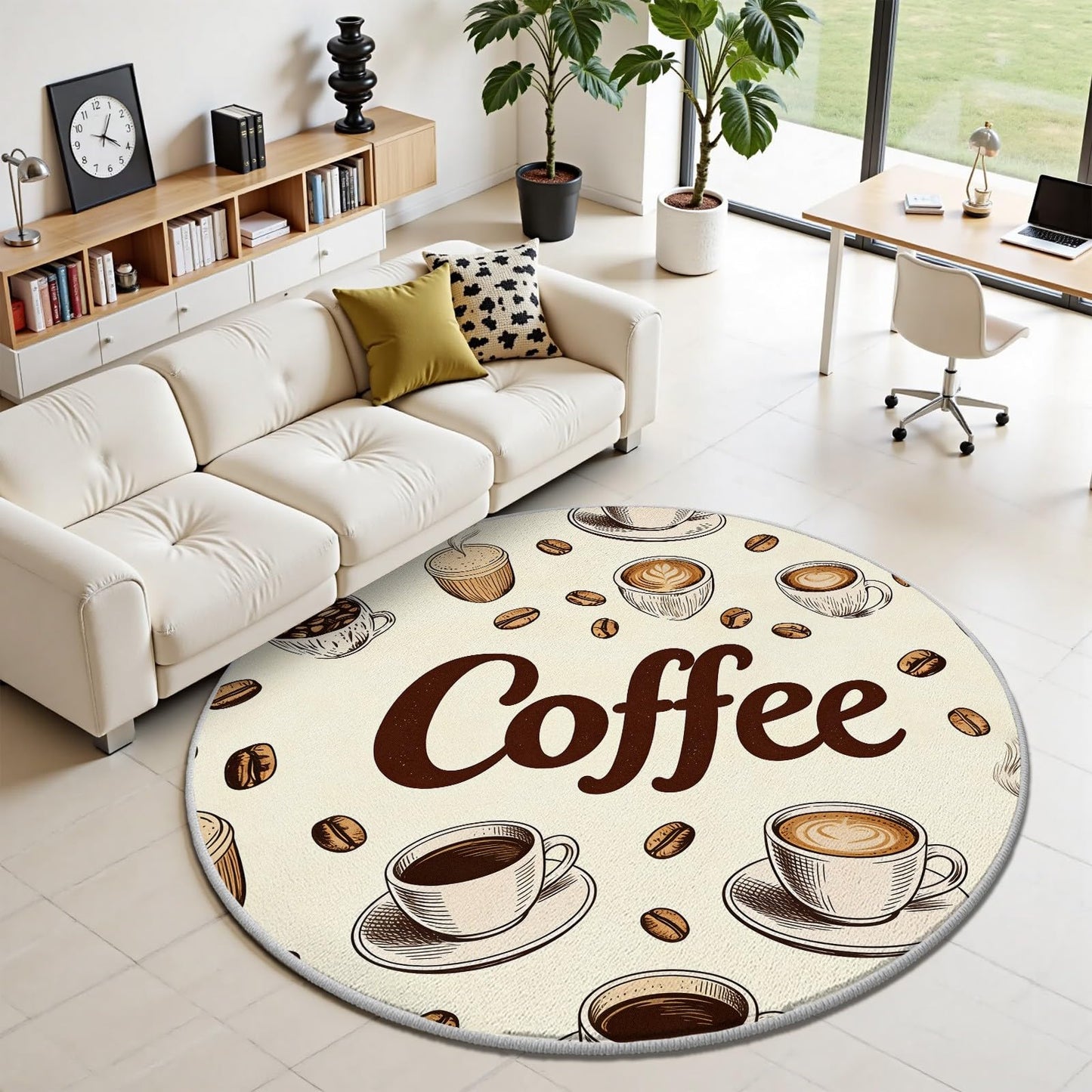 Egljss 4ft Round Rug, Coffee Bean Circle Area Rug for Living Room, Coffee Cup Round Carpet for Bedroom, Brown Farmhouse Circle Washable Rugs for Dining Table, Rugs Non Slip Kitchen