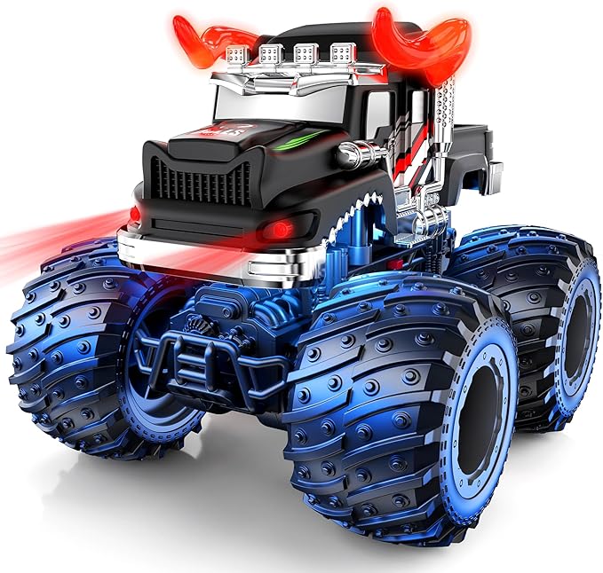 BAODLON Remote Control Monster Car 2.4GHz RC Bull Monster Truck Toys for 3 4 5 6 7 8 Years Old Boys Kid All Terrain RC Truck Off Road with Spray Light Rechargeable Battery Christmas Birthday Gift